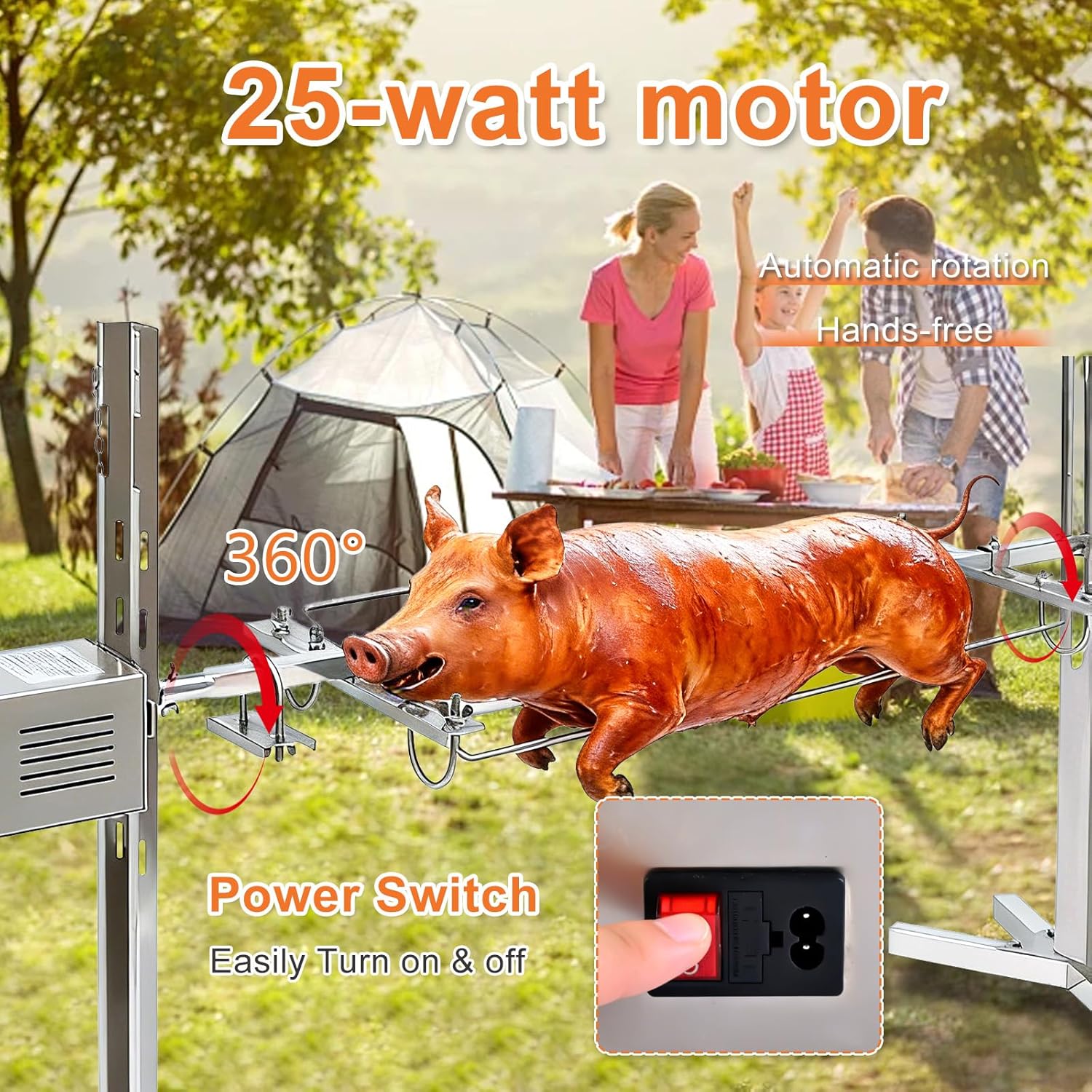 Rotisserie Grill Kit Stainless Steel Tripod Rotisserie Stand,Outdoor Electric Rotisserie BBQ Grill Kit,Adjustable Height 25W Motor with 19" Stainless Steel Spit, Heavy Duty for Chicken Pig Roasting