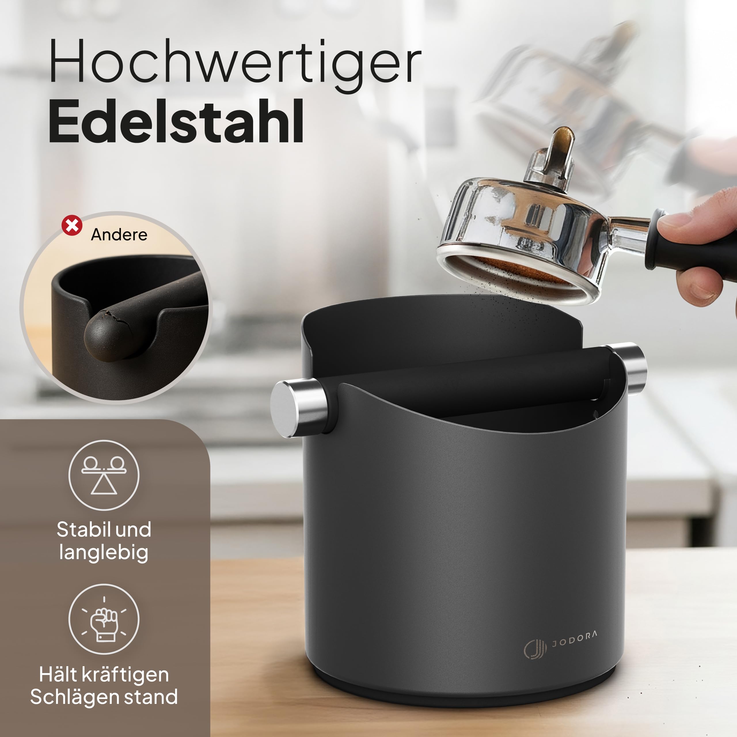 JODORA Abklopfbehälter für Siebträger aus hochwertigen Edelstahl standfest - Robuste Knock Box mit geräuschdämpfender Schlagstange ultra leise - Siebträger Zubehör mit einfacher Reinigung (Schwarz)