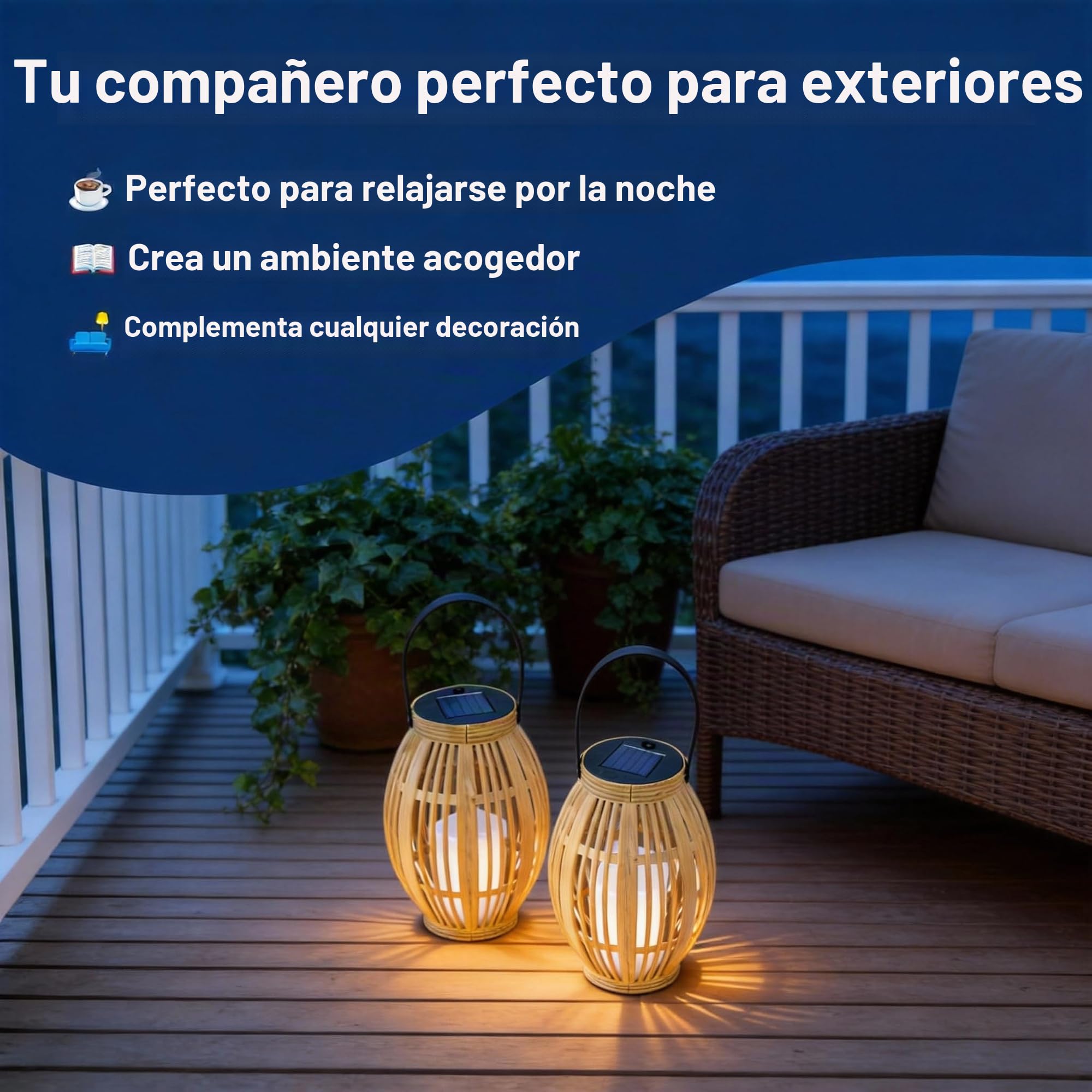 2 farolillos solares para exteriores, lámparas solares con imitación de color bambú para jardín, balcón y terraza, encendido y apagado automático, resistente al agua