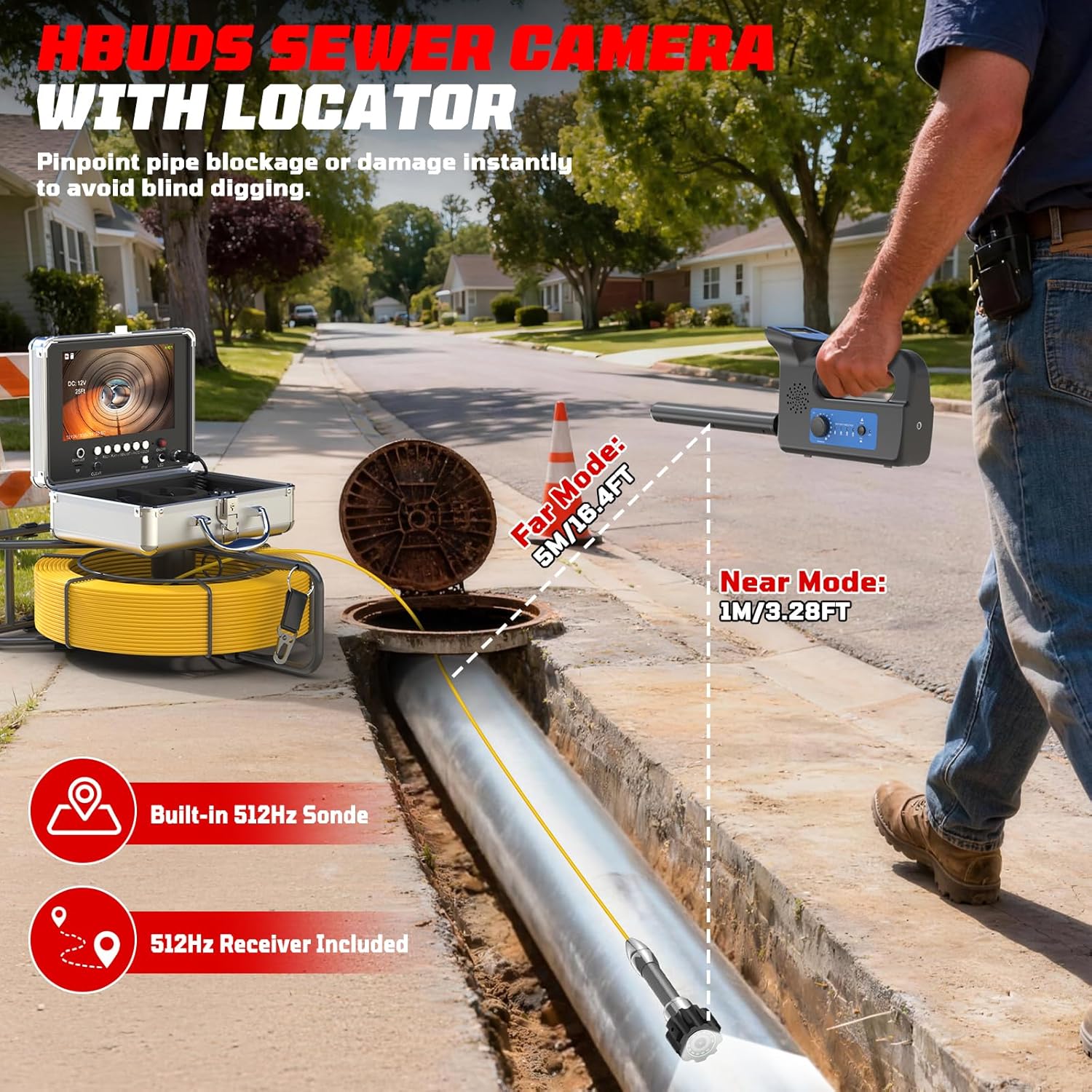 Sewer Camera with Locator 100ft, Self Leveling Drain Cameras with Distance Counter, 7mm Thickness Cable, 9" IPS 1080P HD Plumbing Camera Snake with Light, Pipe Inspection Cam with MIC/DVR 32GB