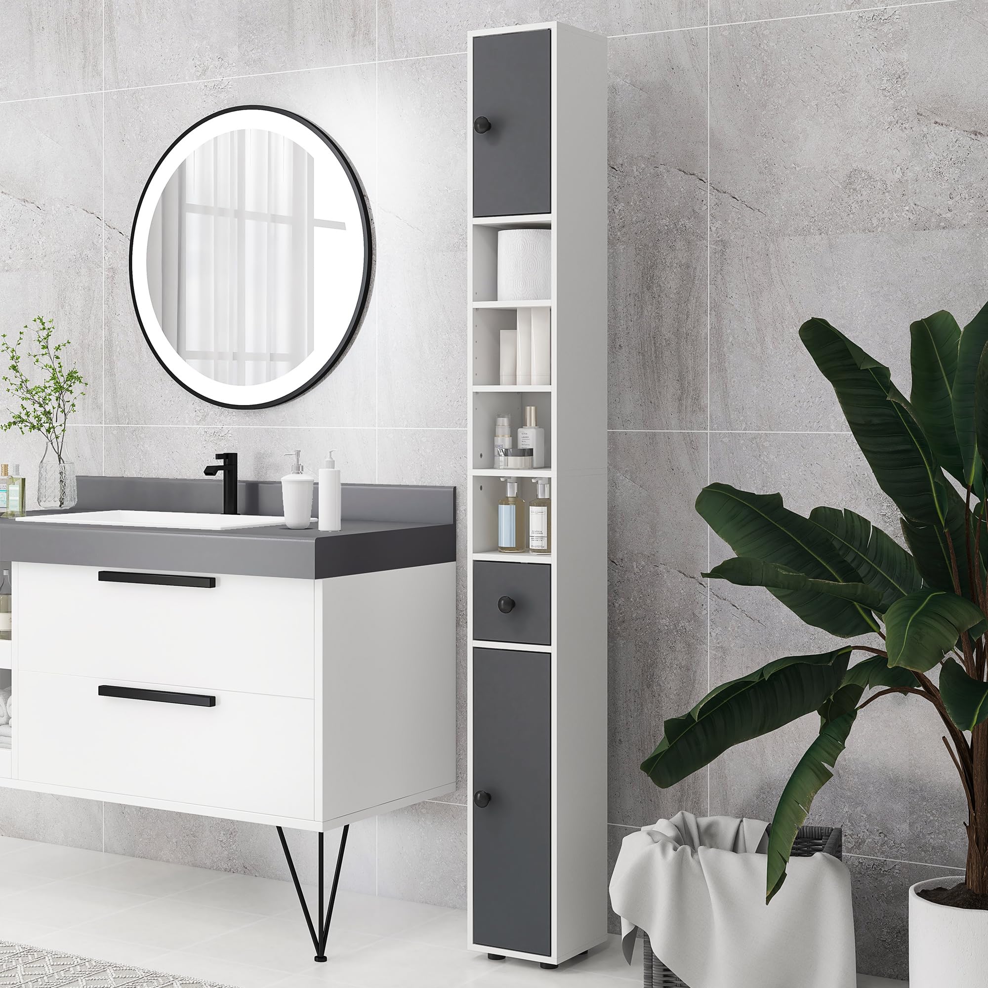 kleankin Meuble Colonne Salle de Bain Armoire Haute Colonne Fine avec 4 étagères réglables 1 tiroir et 2 placards Design Moderne 20 x 20 x 180 cm Gris