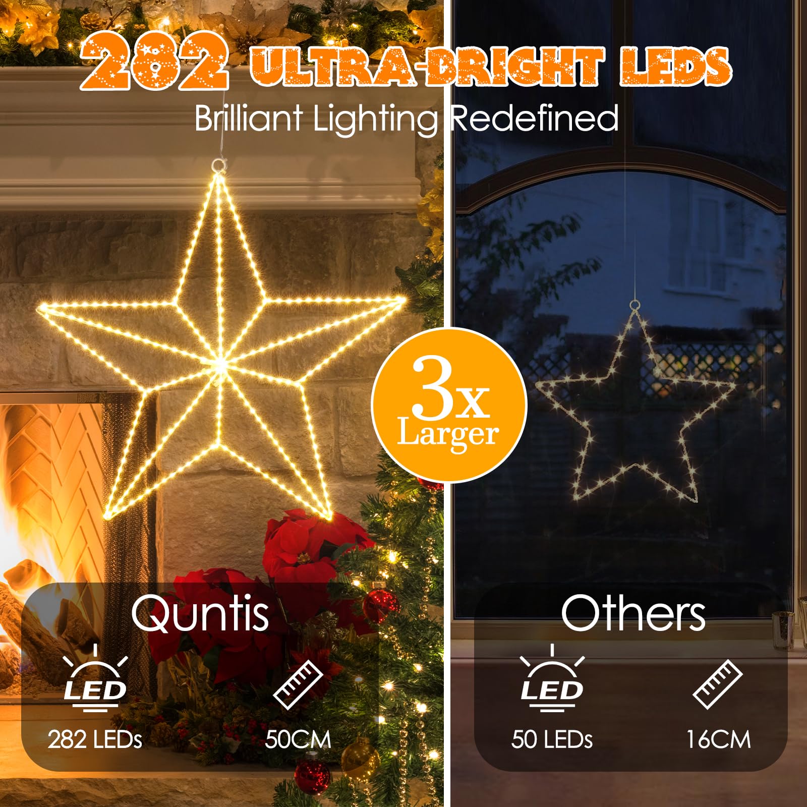 Quntis 50cm 282 LED Weihnachtsstern beleuchtet, 3D Große Weihnachtsdeko Strombetrieb Warmweiß, Stern Fensterdeko faltbar, Weihnachtsbeleuchtung Innen Außen für Fenster Wand Tür Balkon Terrasse Garten