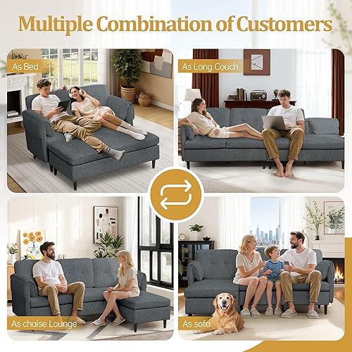 Miniatura 6 de Sofá modular convertible de 79 pulgadas, 3 asientos en forma de L con diván de almacenamiento, sofás convertibles tapizados en lino, sofá pequeño
