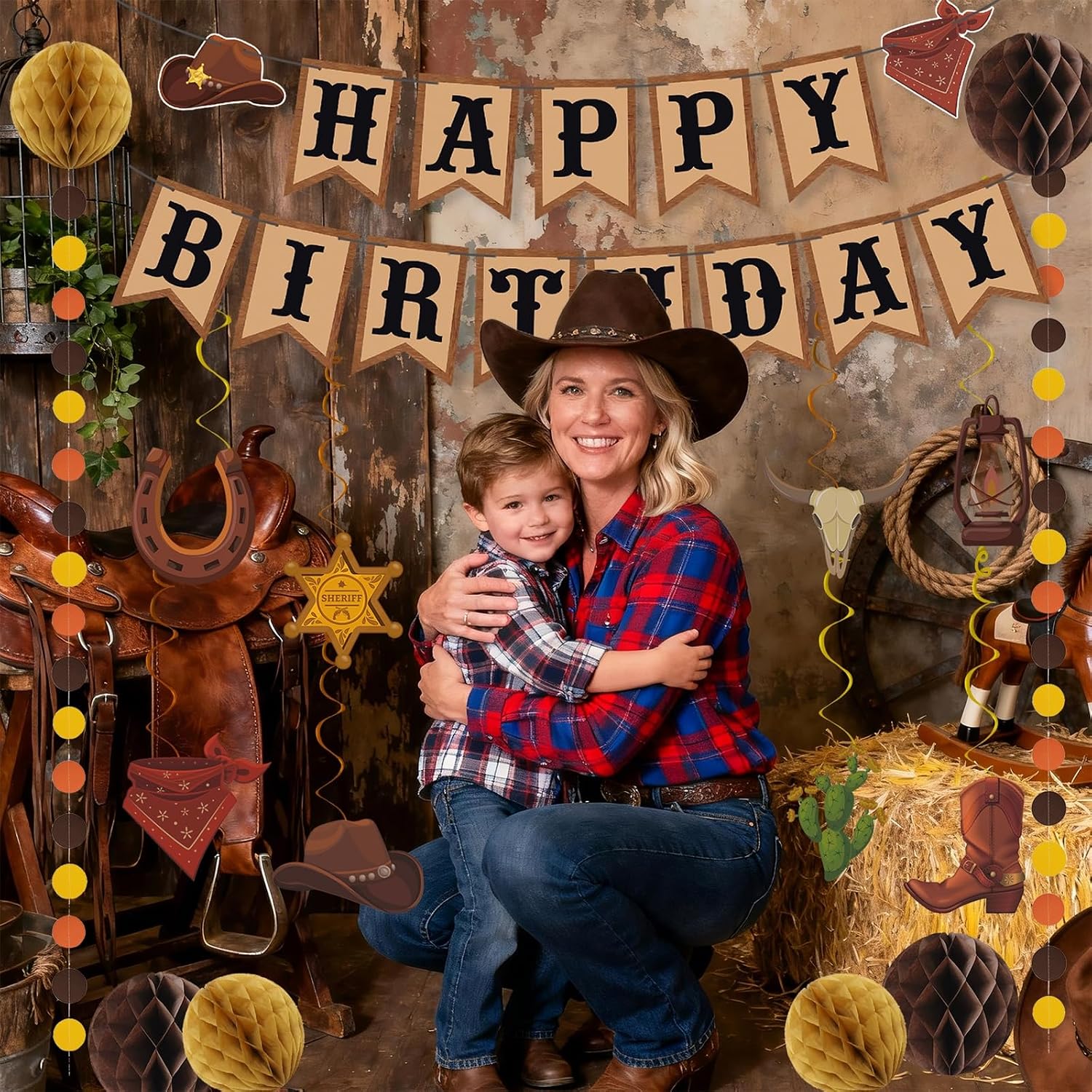 Western Party Decorations Cowboy Happy Birthday Banner Dots Garland Hanging Swirls Honeycomb Balls Set for Cowboy Cowgirl Rodeo Themed Birthday Party Decoration Wild West Country Party Decorations