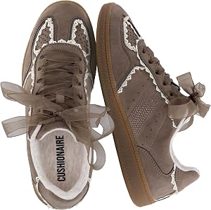 CUSHIONAIRE Belinda Women’s Lace Detail Casual Sneakers – Elegant Ribbon Lace-Up Shoes with Memory Foam