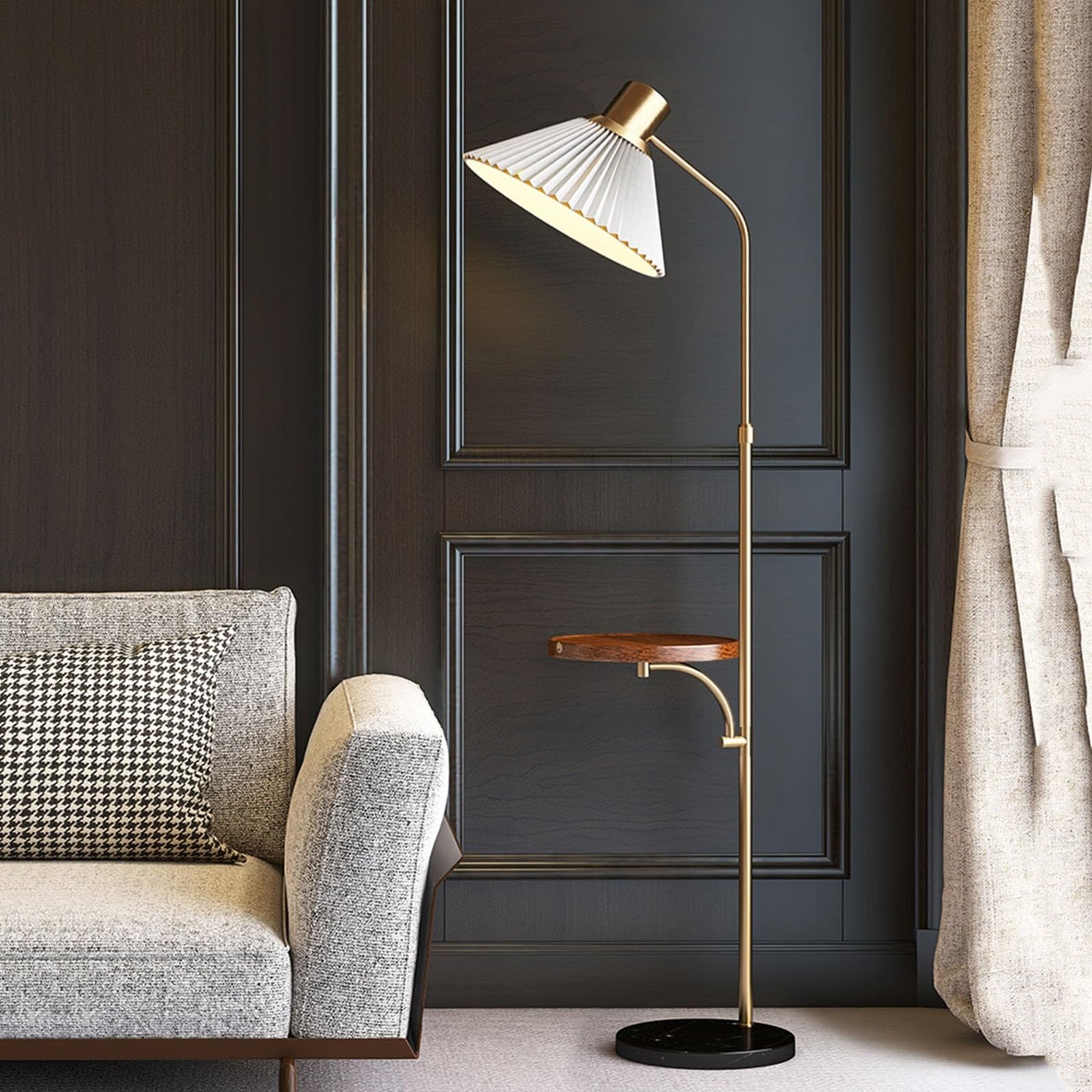 Luce da terra Lampada da terra in stile moderno salvaspazio con vassoio in legno, lampada moderna dimmerabile for soggiorno, camera letto, ufficio Lampada d'angolo