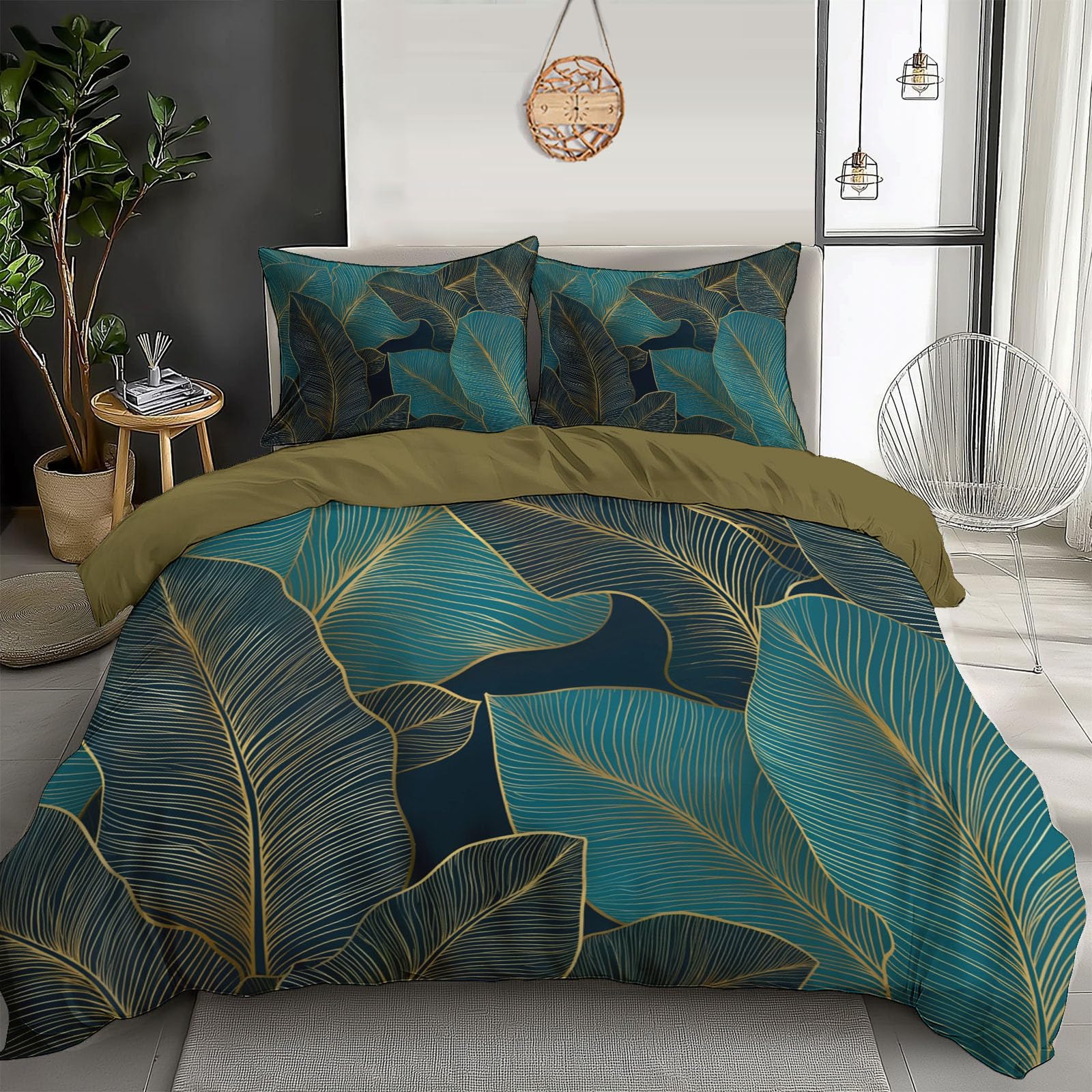 Parure de lit 3 pièces microfibre 240x260 motif feuille de bananier 3D