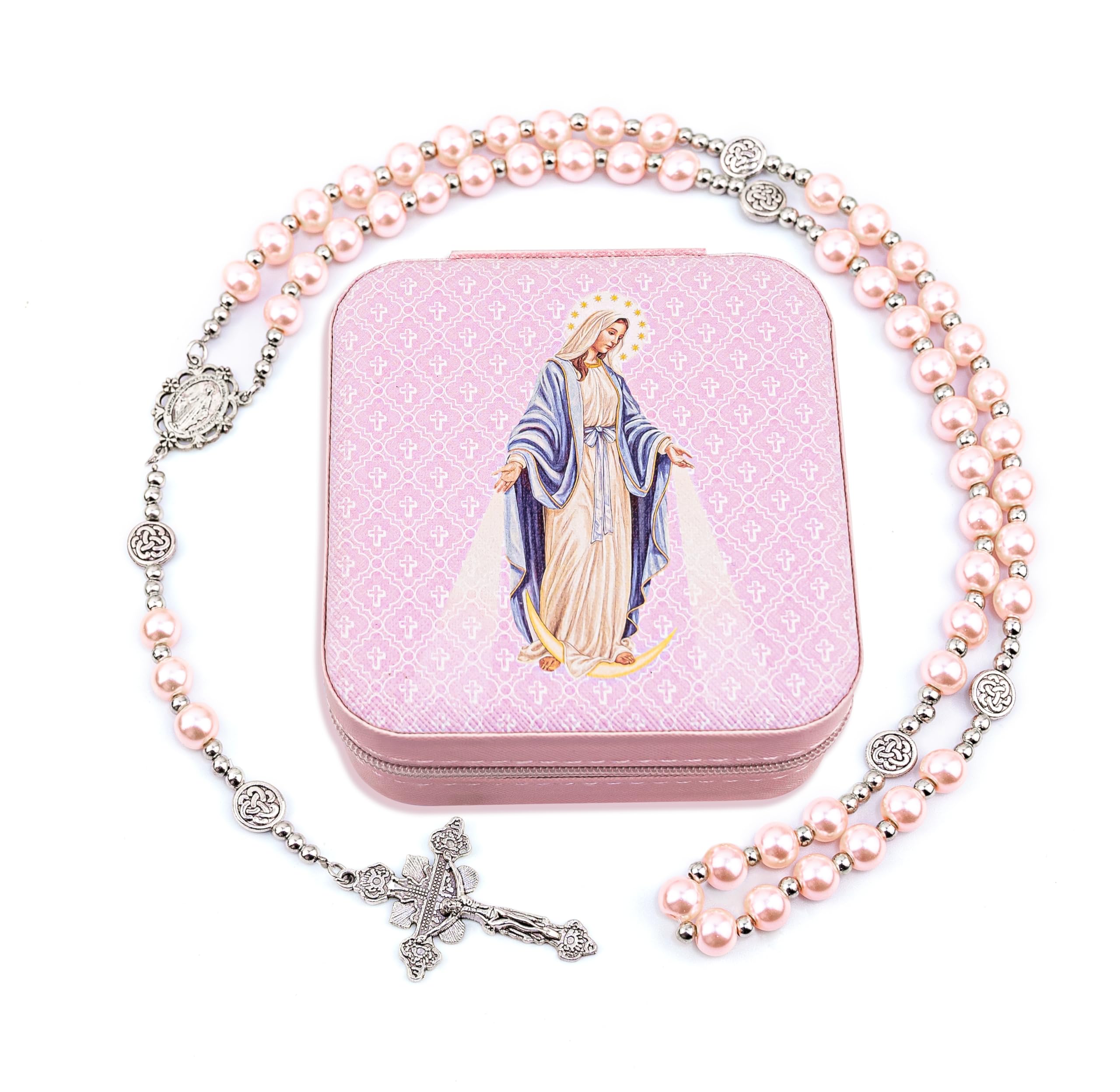 SUTANALE 8mm Pearl Rosary Necklace Catholic Jewelry - Blessed Virgin Mary Beaded Necklace for Women, First Communion Baptism Gift with Prayer Card &