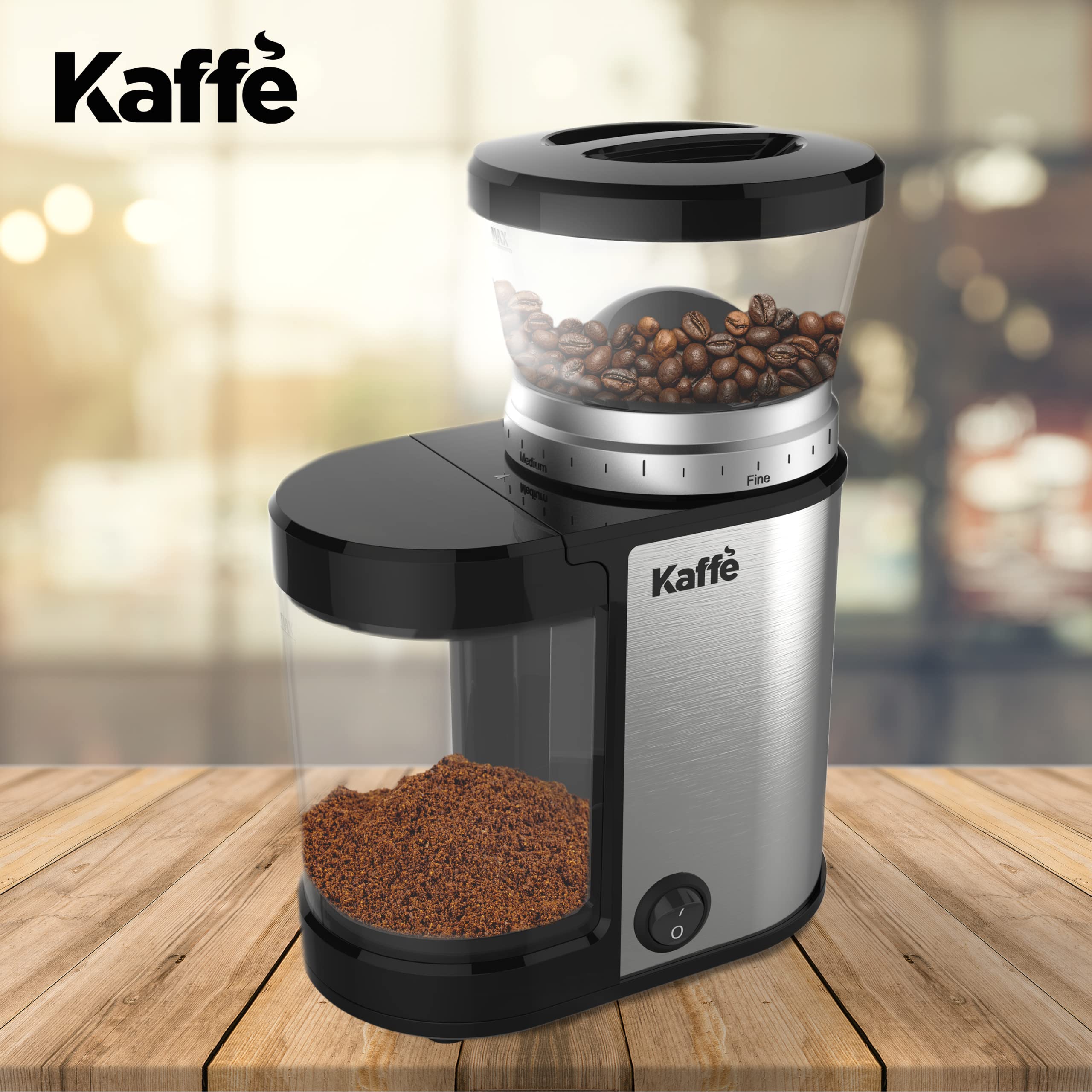 Kaffe Burr Coffee Grinder Electric w/Adjustable Settings for Precision Coffee Bean Grinding (5.5oz Capacity) Cleaning Brush Included. (Powerful Motor) Stainless Steel