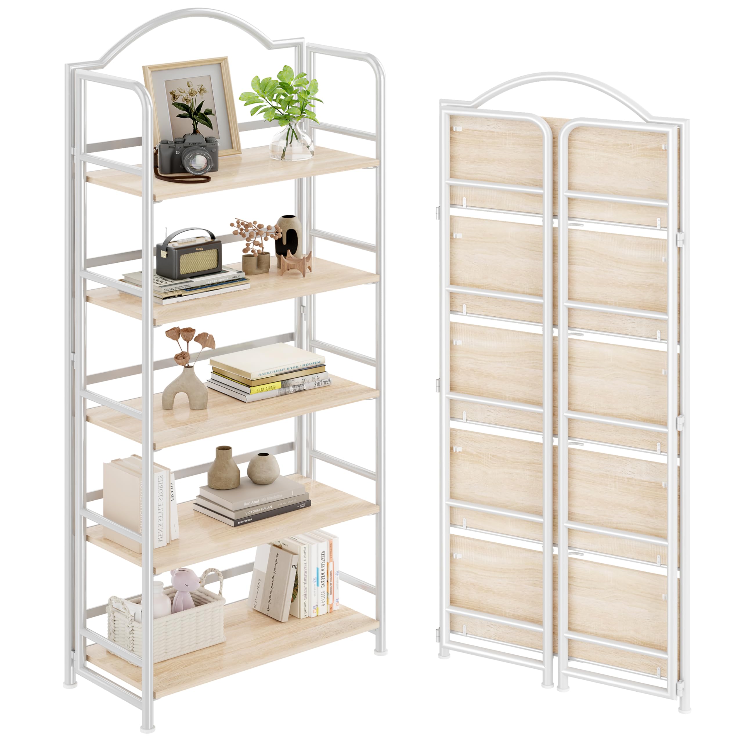 No-Assembly Folding Bookshelf Storage Shelves 5 Tiers Vintage Multifunctional Plant Stand Storage Rack Shelves Bookcase for Home Office