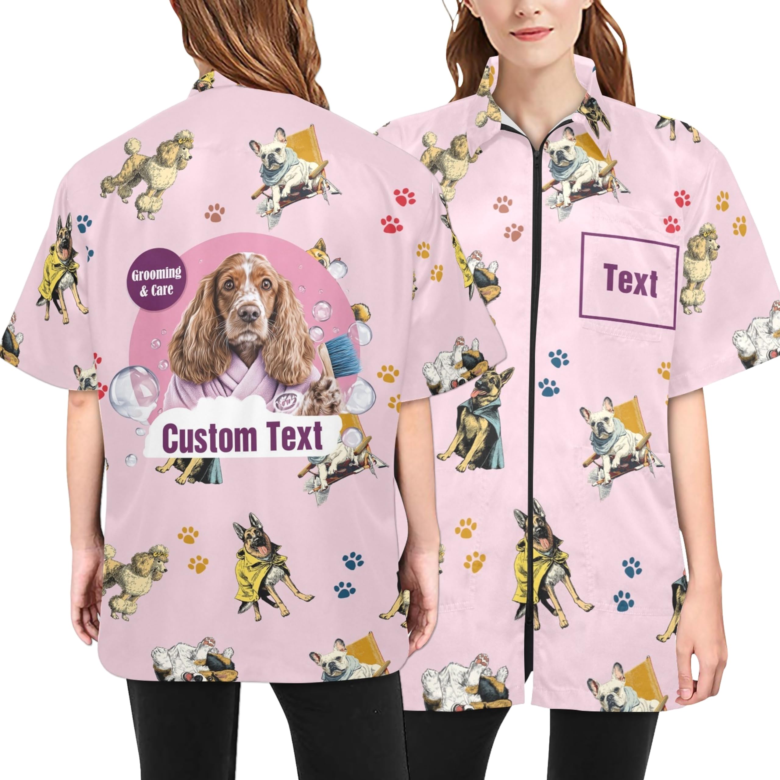 COWSROCK Personalized Dog Grooming Jacket – Waterproof Smock with Custom Logo and Name, Full-Zip Design with 3 Pockets