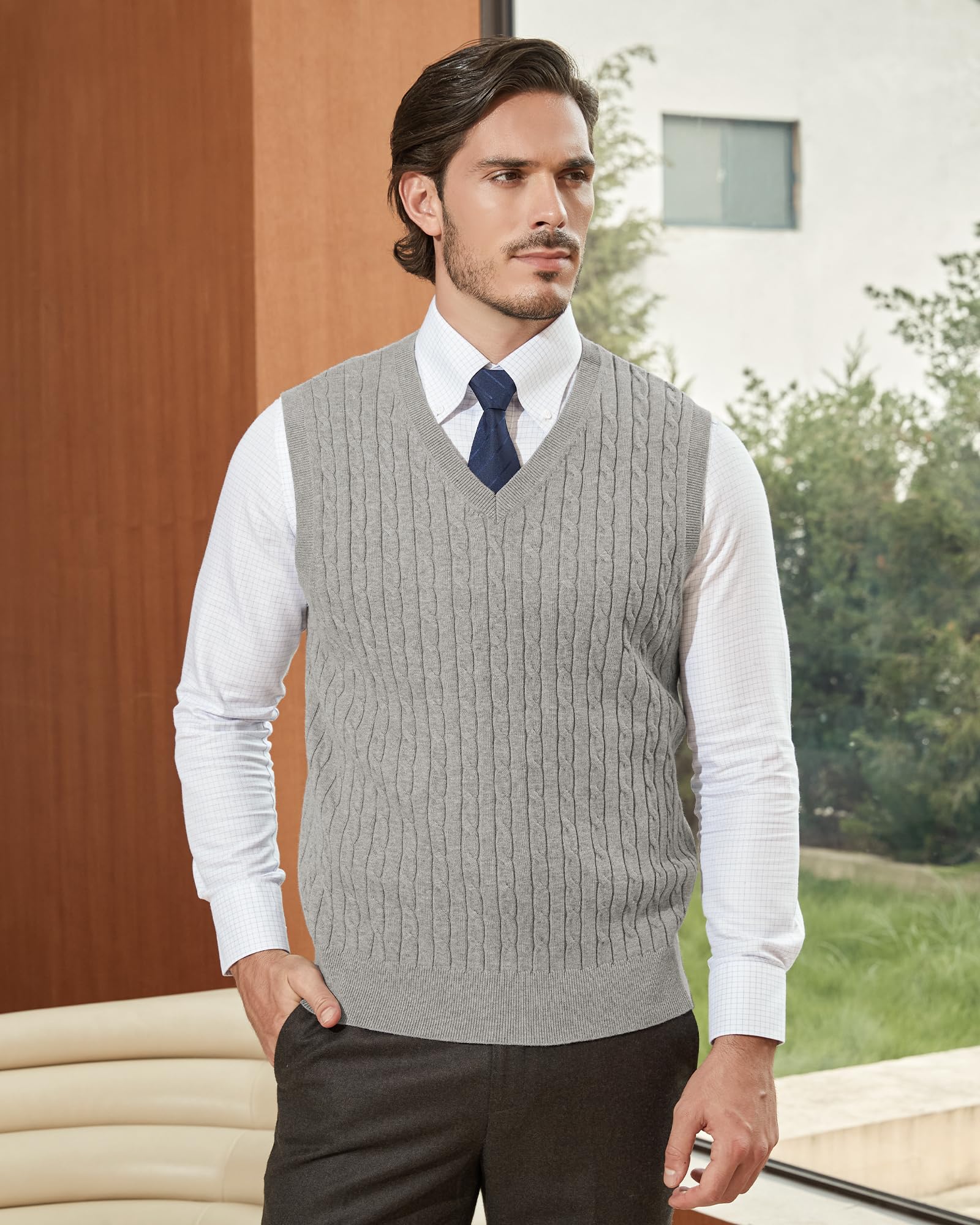 Kallspin Gilet en coton pour homme avec col en V et tricot torsadé sans manches
