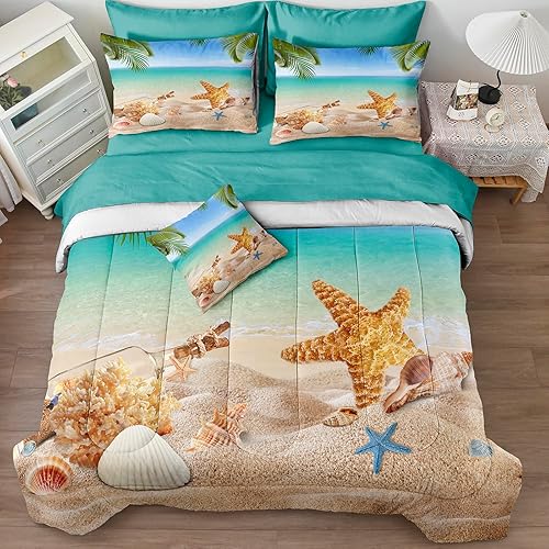 Miniatura 10 de MOVE OVER Juego de edredón costero tamaño King de 8 piezas de cama en una bolsa, juego de ropa de cama con temática de playa para niños, niñas,
