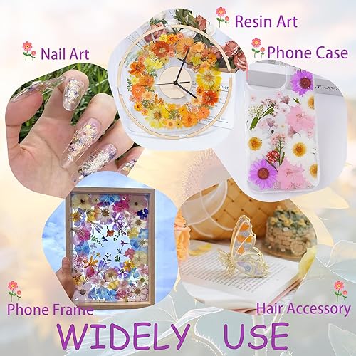 Vista 3 de 40 flores secas prensadas negras para manualidades, kit de flores secas Xinxinran para moldes de resina, accesorios de resina epoxi, marcador, uñas