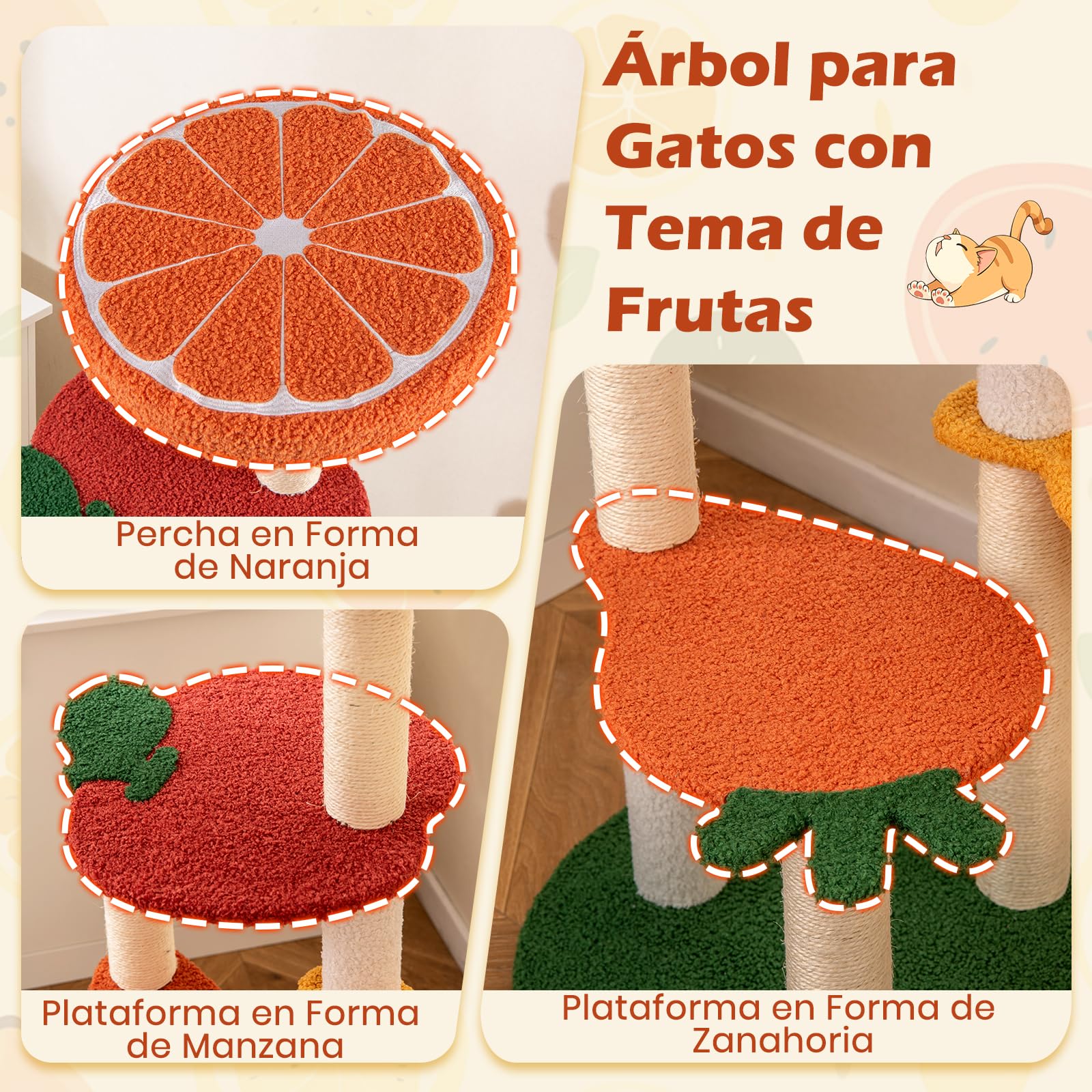 GOPLUS Árbol para Gato de Múltiples Niveles, Centro de Actividad con Plataformas en Forma de Frutas, Percha Acolchada, Postes para Rascar de Sisal, Cesta Giratoria, Mueble Torre Interior para Gatos