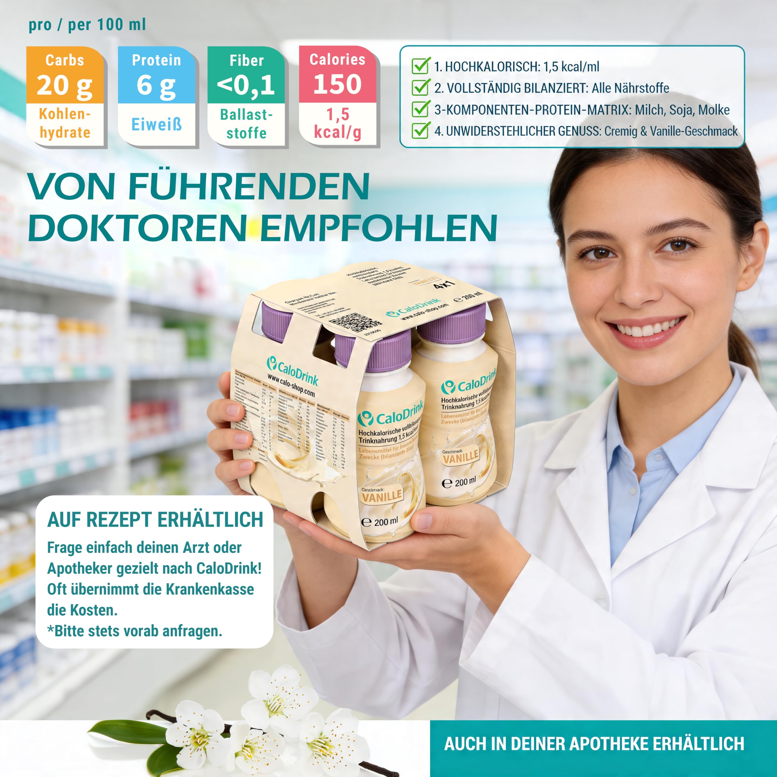 𝗖𝗮𝗹𝗼𝗗𝗿𝗶𝗻𝗸 Vanille 24x200 ml vollständig bilanzierte hochkalorische Trinknahrung | Astronautennahrung & Trinkmahlzeit zum Zunehmen | Aufbaukost & Aufbaunahrung | 300 kcal pro Flasche
