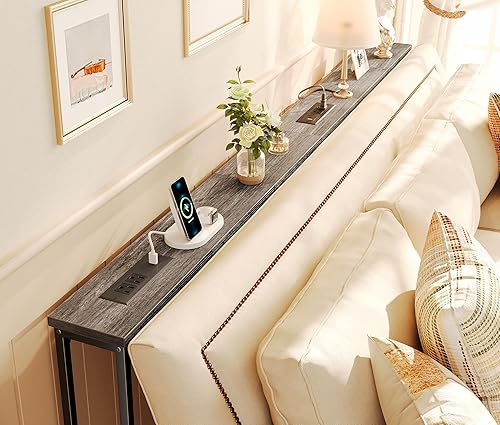 Miniatura 2 de SUPERJARE Mesa consola estrecha de 78.8 pulgadas con tomacorriente, juego de 2, mesa de sofá detrás del sofá, mesas de entrada largas con estación