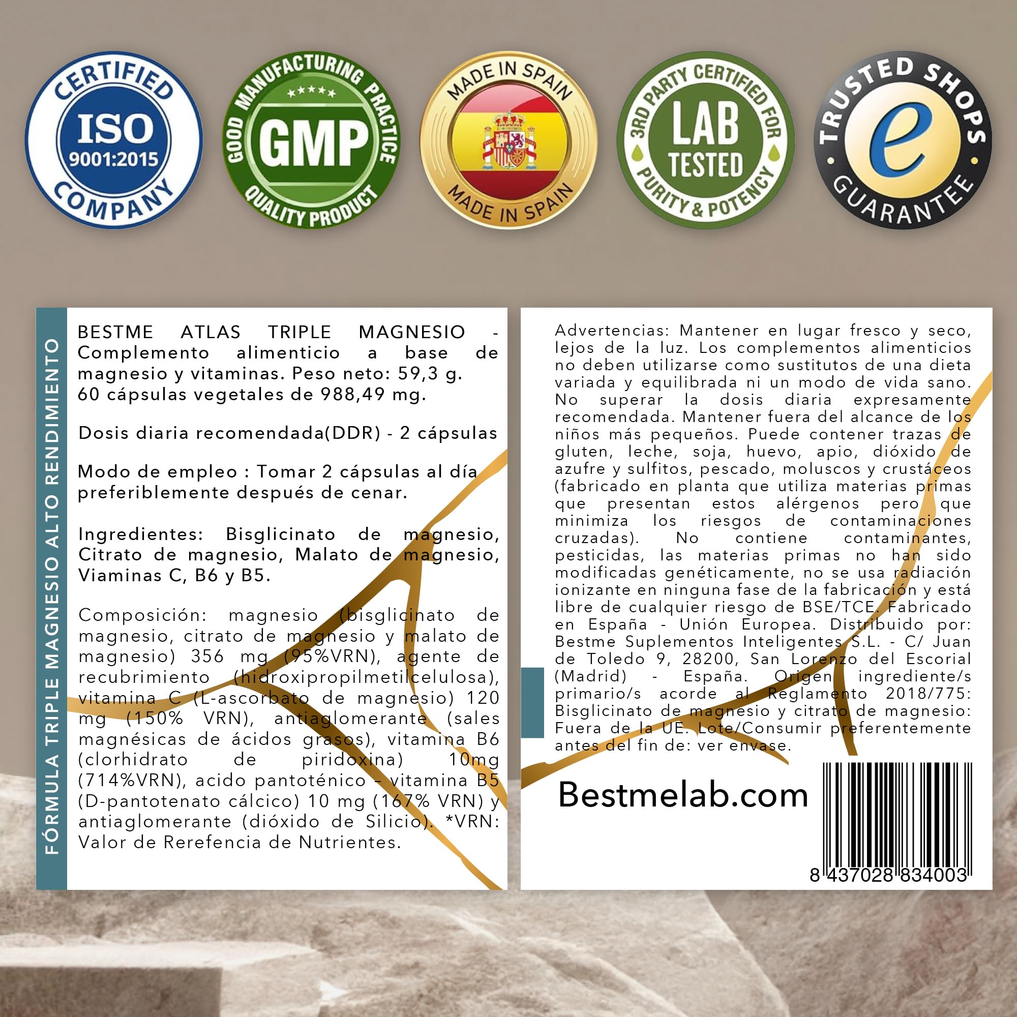 BESTME - Magnesio Complex 3X Citrato, Bisglicinato y Malato 988 mg | 60 Cápsulas con Vitaminas C/B6/B5 | Ayuda a Disminuir el Cansancio y Apoya a Músculos y Huesos (Atlas)