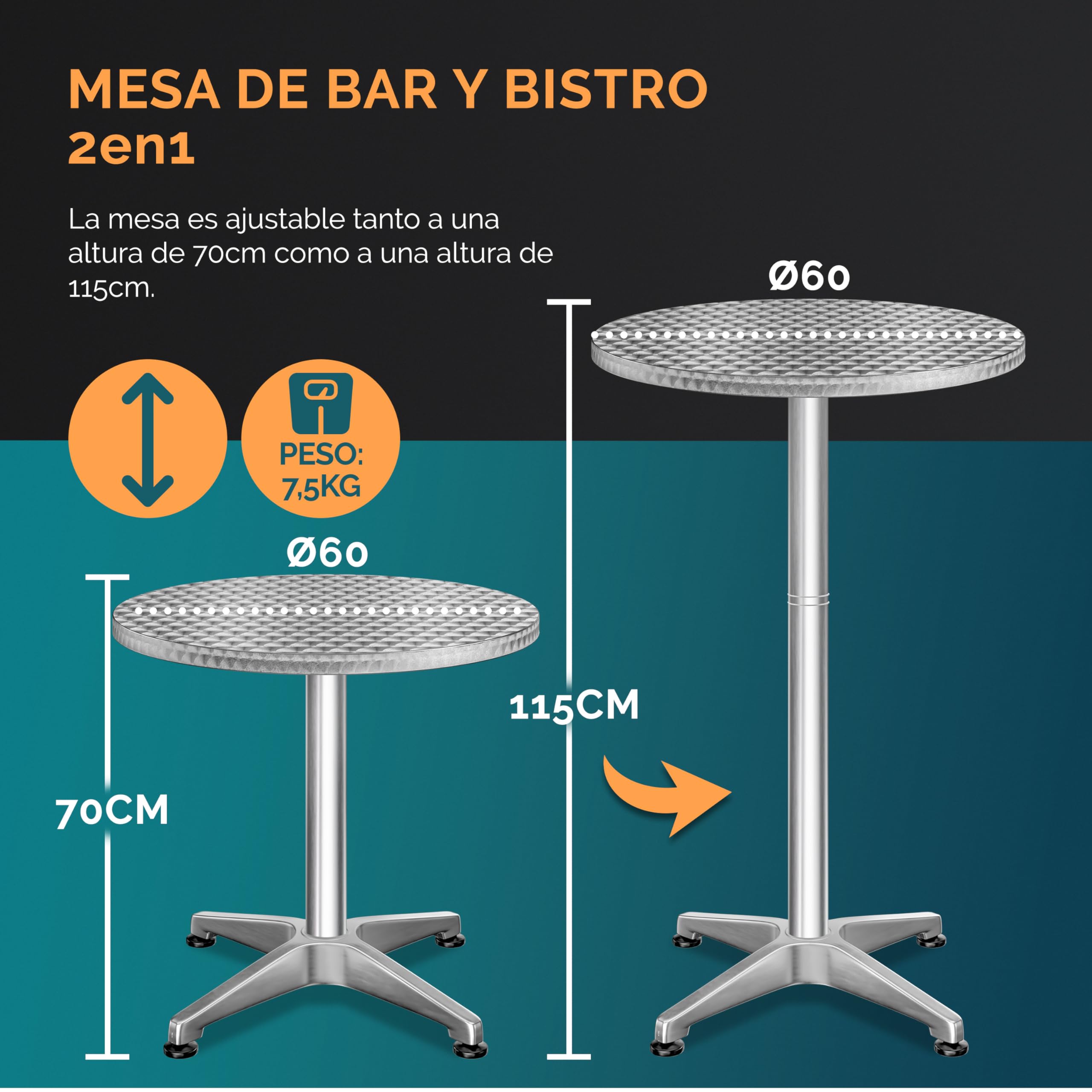 CASARIA® Mesa Alta Bar 2en1 Plegable Altura 70cm / 115cm Aluminio Ø 60cm Eventos Bistro Fiestas Jardín