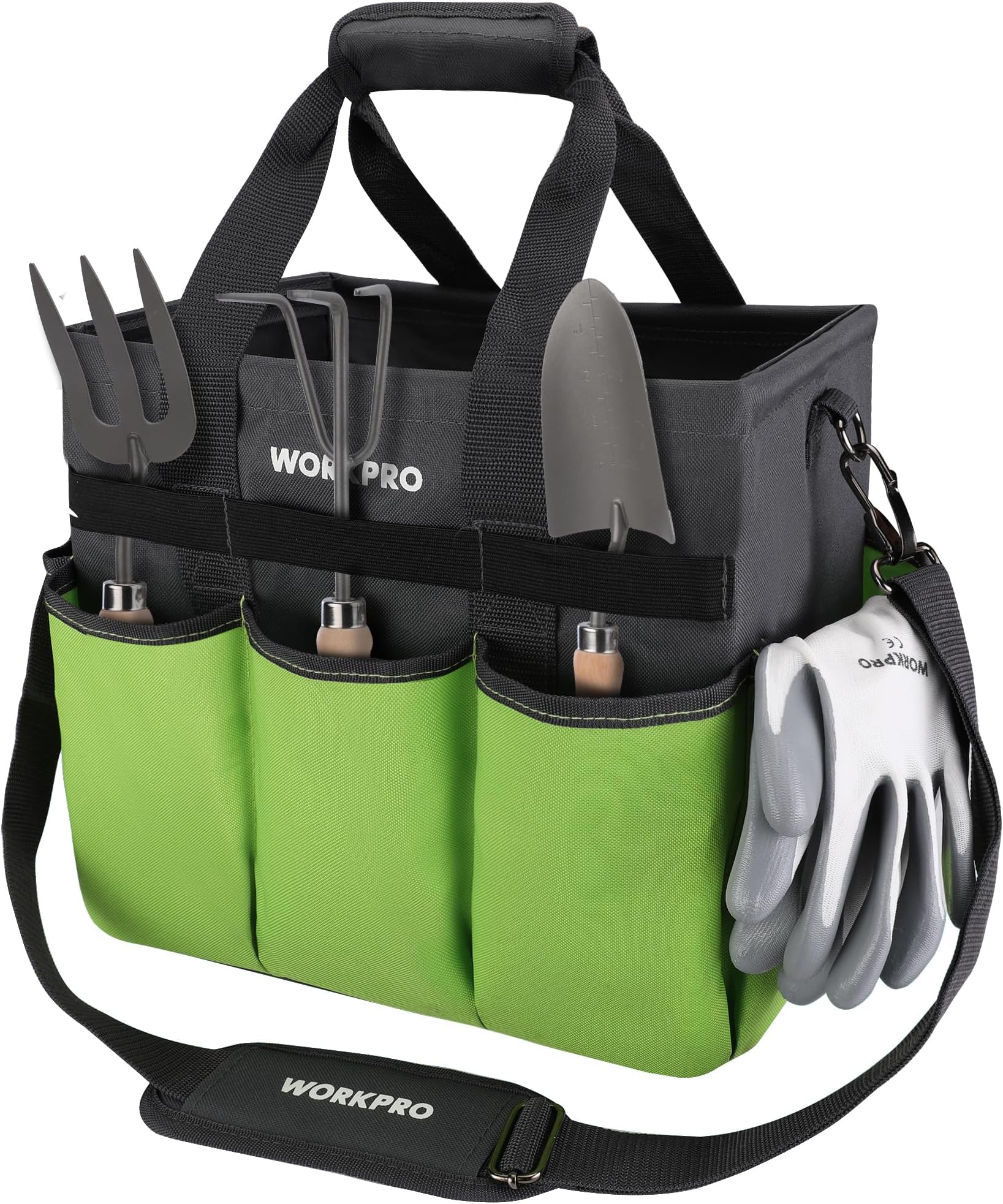 WORKPRO Garden Tool Bag Organizer, Heavy Duty Gardening Tote Bag with 10 Pockets and Long Adjustable Shoulder Strap, Standable Garden Home Tool Kits Organizer, Green (Tools Not Included)