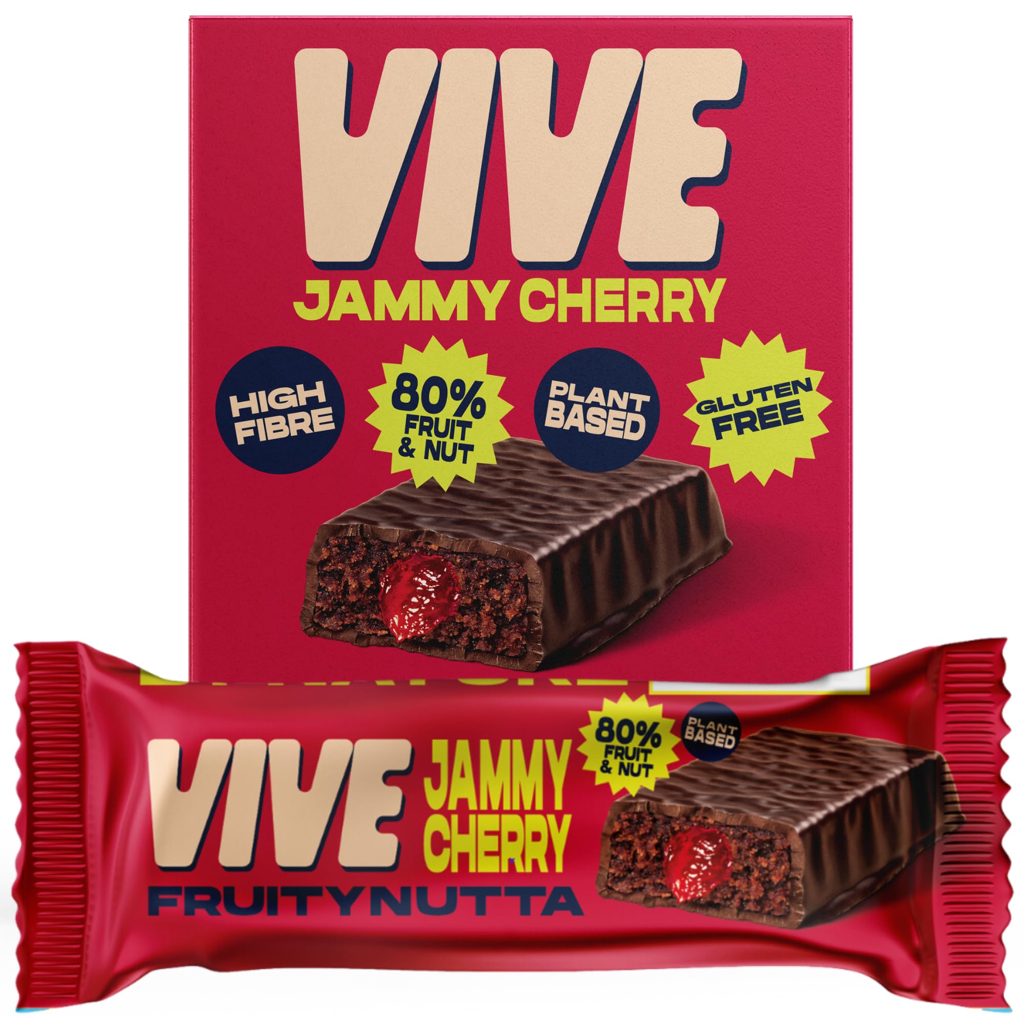 ViveJammy Cherry Fruity Nutta Bars – Vegan Fruit & Nut Snack with Real Fruit Jam Filling – 80% Fruit & Nut, Belgian Chocolate Coated, Gluten-Free, Natural Ingredients – Pack of 20 Healthy Snack Bars