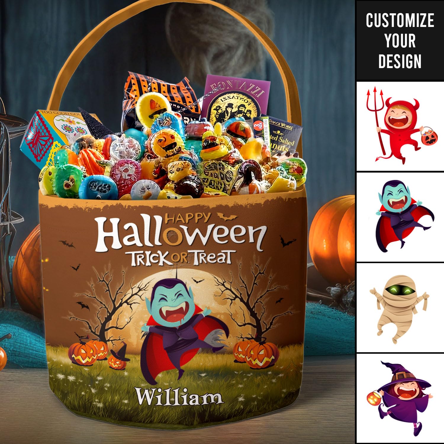 Macorner Personalized Halloween Spooky Bucket - Halloween Gifts For Kids Candy Bucket Pumpkin Pattern - Halloween Party Tote Bags Gift Basket Goody Bucket - Trick Or Treat Kid Name Halloween