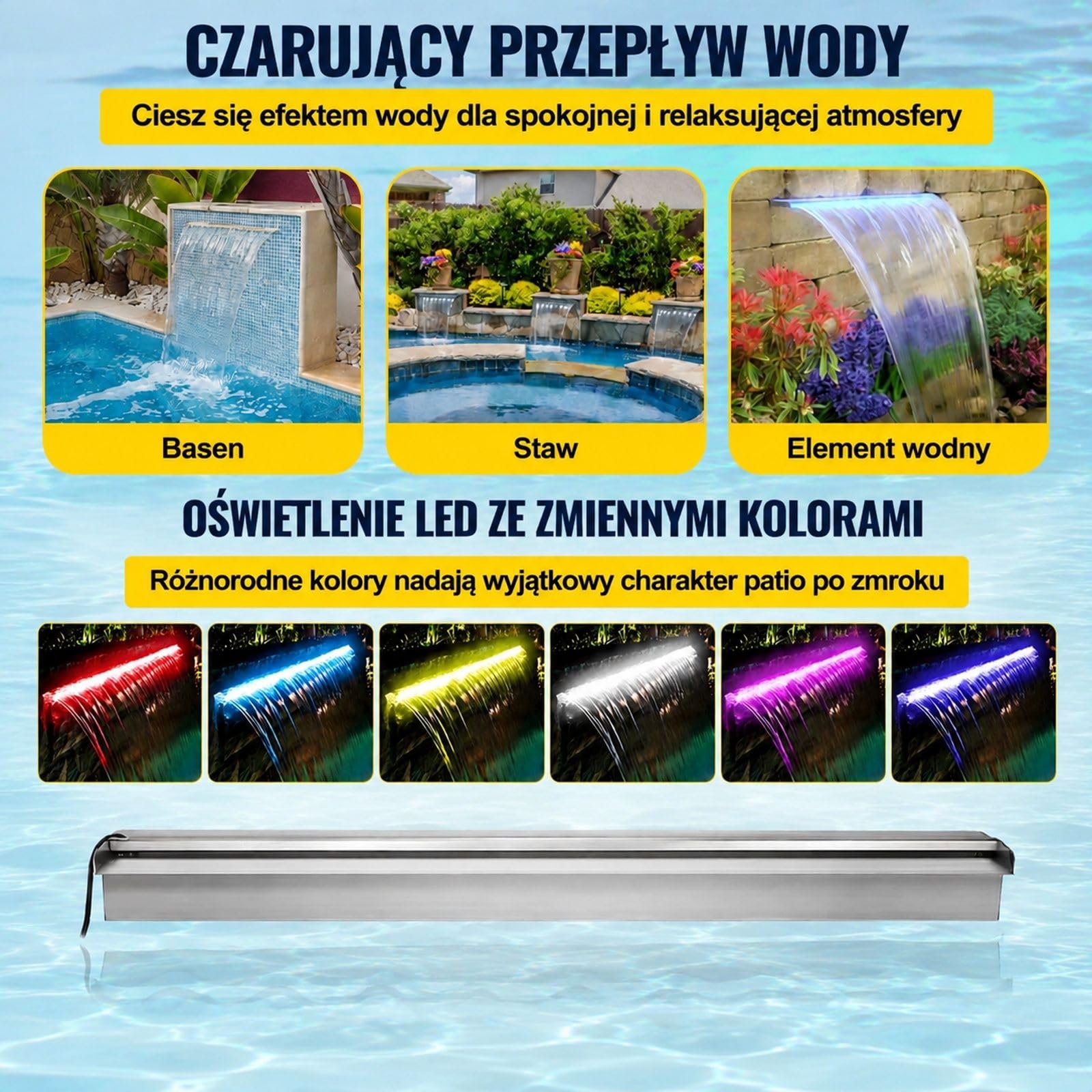 Srebrny wodospad basenowy ze stali z kolorową taśmą LED i złączem węża do oczka wodnego oraz ogrodu