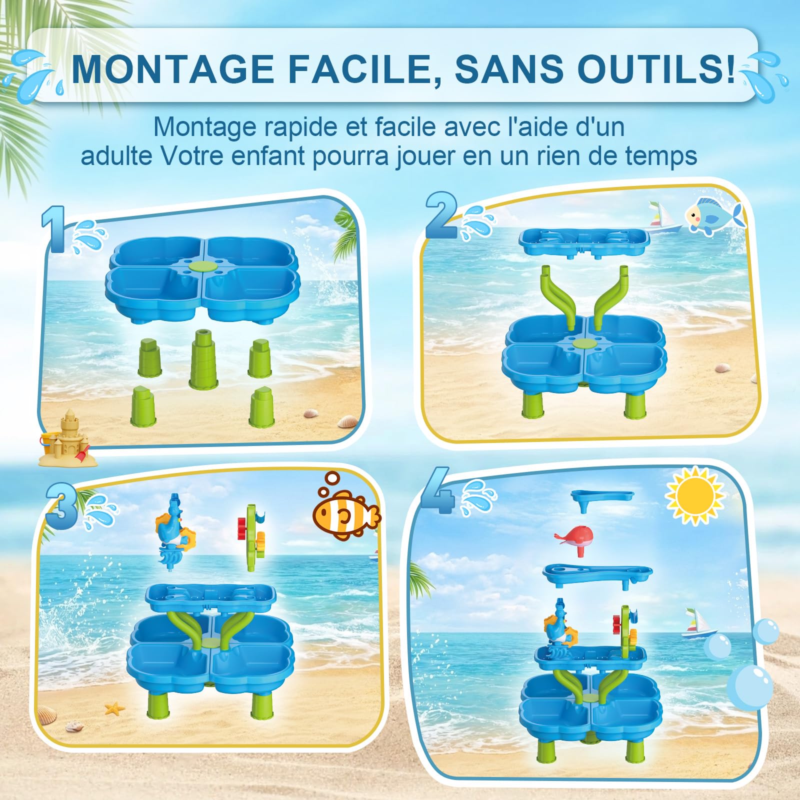 Table de Jeux d’Eau pour Enfants, Table de Sable et d’Eau à 4 Niveaux avec Accessoires de Bac à Sable, Grande Table d’Eau pour Jardin, Plage et Été, Jouet d’Eau pour Enfants dès 3 Ans