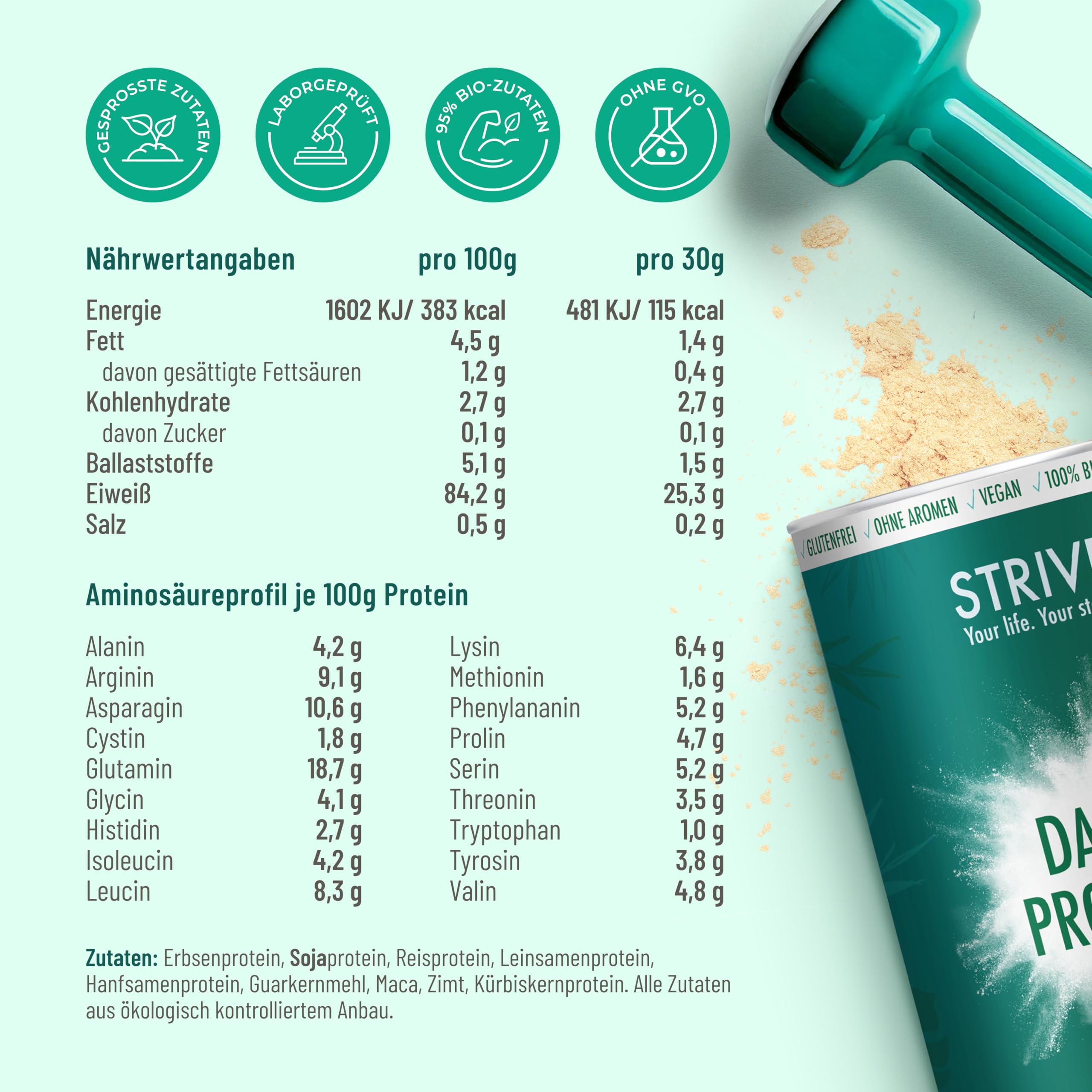 DAILY PROTEIN 100% BIO Vegan | Natur | Effektiv & Frei von Zusätzen | 84% Proteingehalt mit optimalem Aminosäureprofil | 1000g pflanzliches Bio Eiweiß Pulver aus Erbse Soja Reis Hanf, DE-ÖKO-039