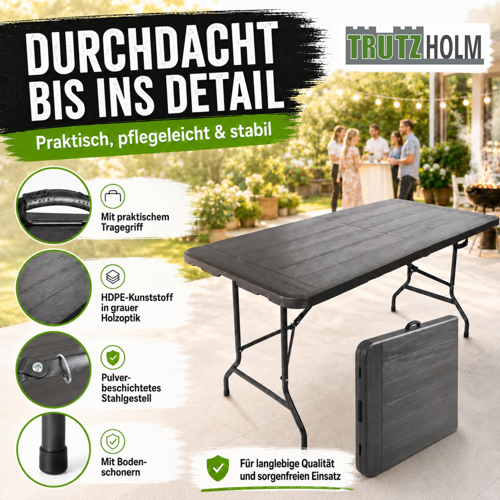TRUTZHOLM Gartentisch Verkaufstisch Esstisch Bierzelttisch Klapptisch 180 x 75 x72 cm klappbar Campingtisch Partytisch 8 Personen mit Tragegriff Weiß (grau)