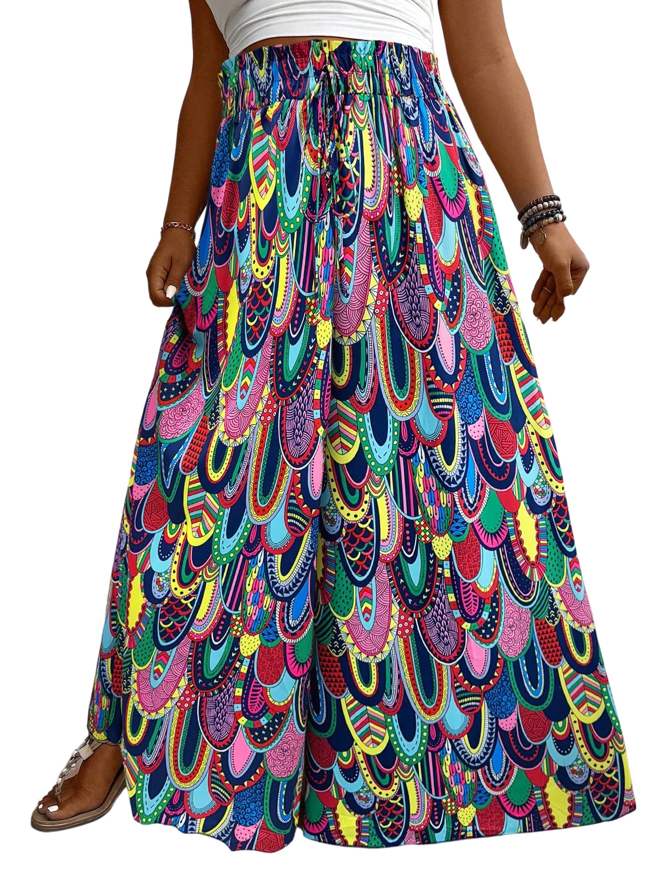 Floerns Womens Plus Size Boho Wide Leg Palazzo Pants Drawstring Elastic Waist Trousers