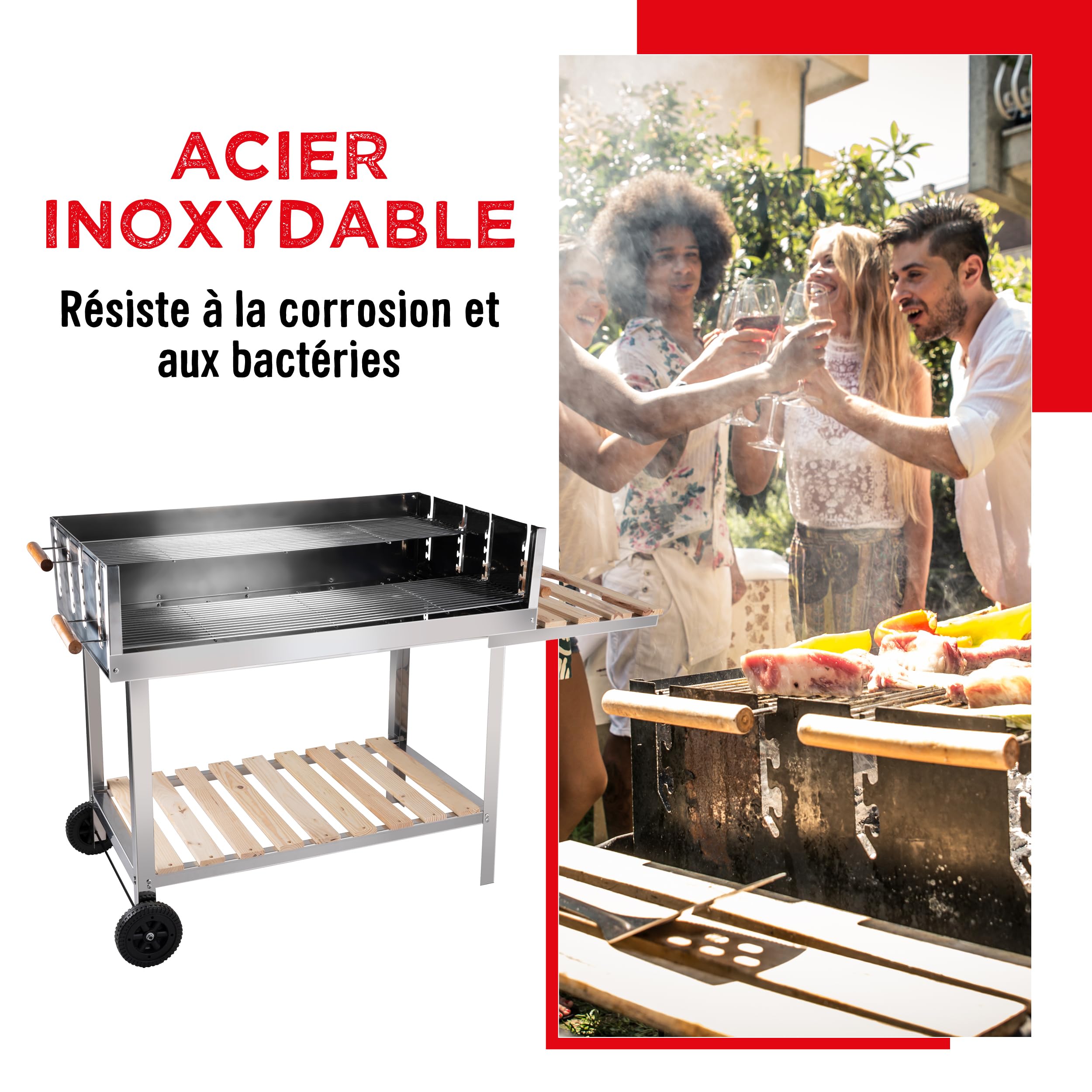 BBQ Collection Barbecue à Charbon de Bois Grande Taille - Grille avec Roues - Barbecue Bois 2 Grilles - 98 x 56 x 85 cm - Fumoir Jardin