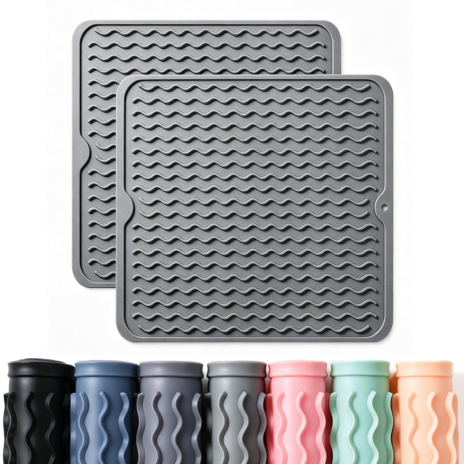 2 Pack Caketime Silicone Dish Drying Mat for Kitchen Counter Coffee Bar Accessories Heat Resistant Waterproof Dining Under Sink Organizers Utensil Holder Decor Must Haves 12"x12" Gray