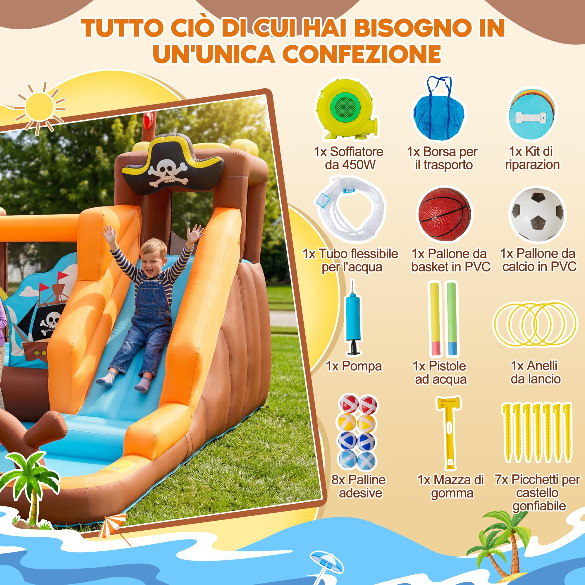 UEV Parco Gonfiabile 394x326x243cm con Unica Tema Navi Pirata | Castelli Gonfiabili con 8-in-1 Giochi per 4 Bambini in 3-8 Anni, Parco Giochi con Soffiatore 450W per Interno ed Esterno
