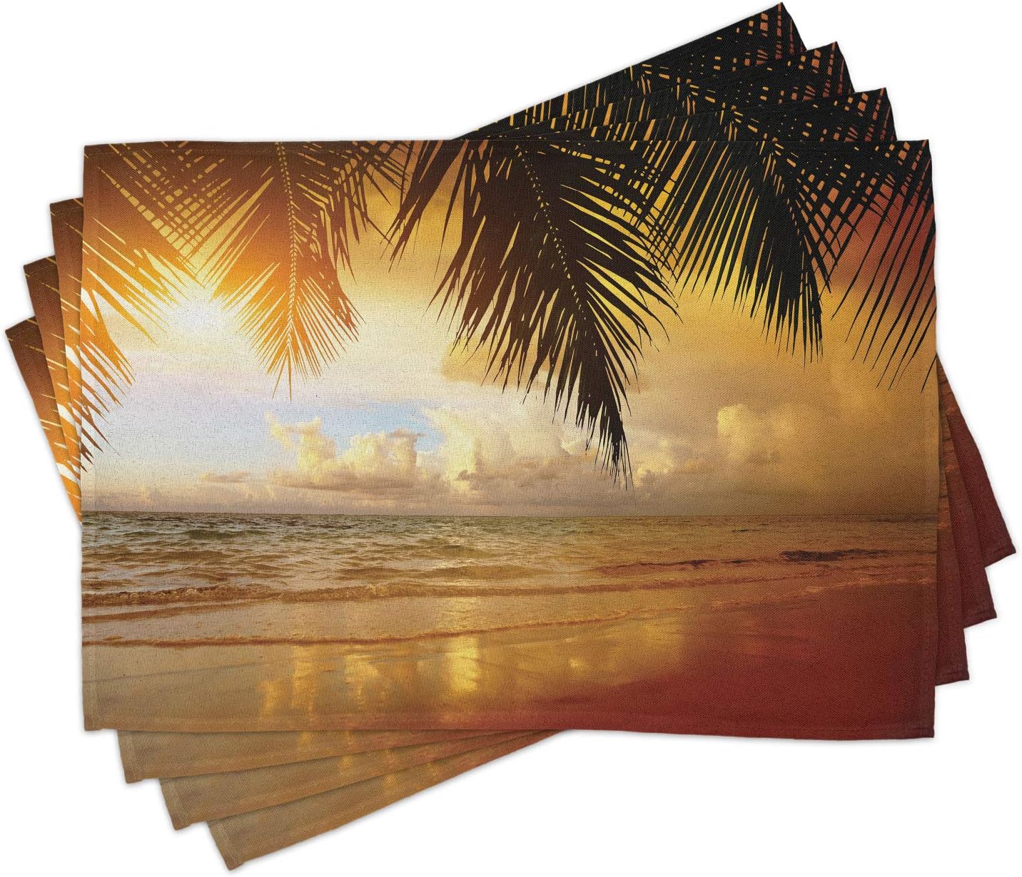 Ambesonne Ocean Place Mats Set of 4, Sunset on The Beach of Caribbean Sea Waves Coast with Palm Tree, Washable Fabric Placemats for Dining Table, Standard Size, Blue Orange