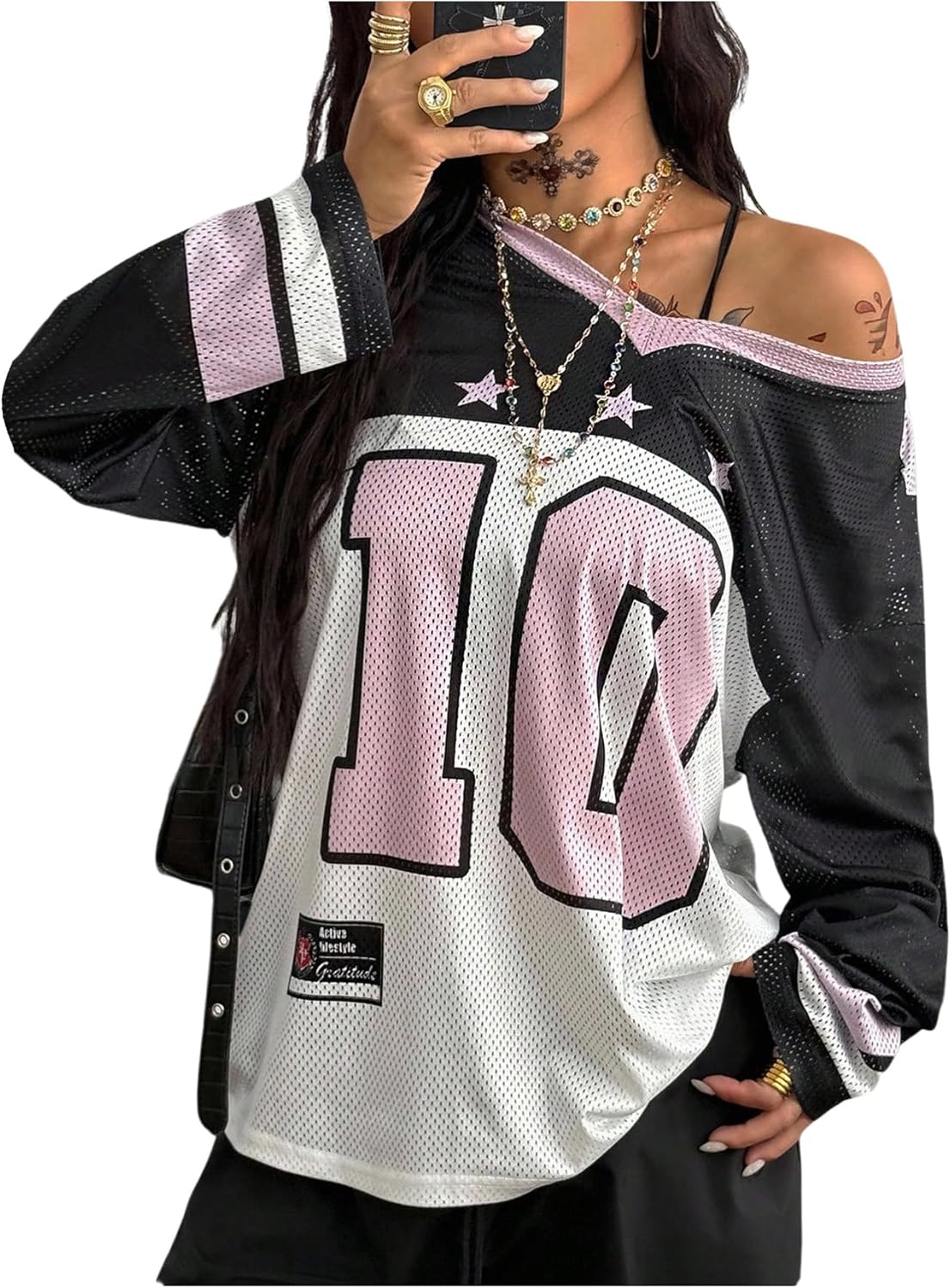 SweatyRocks Women's Y2k Number Baggy Jersey Shirts Oversized Long Sleeve Graphic Tees Tops