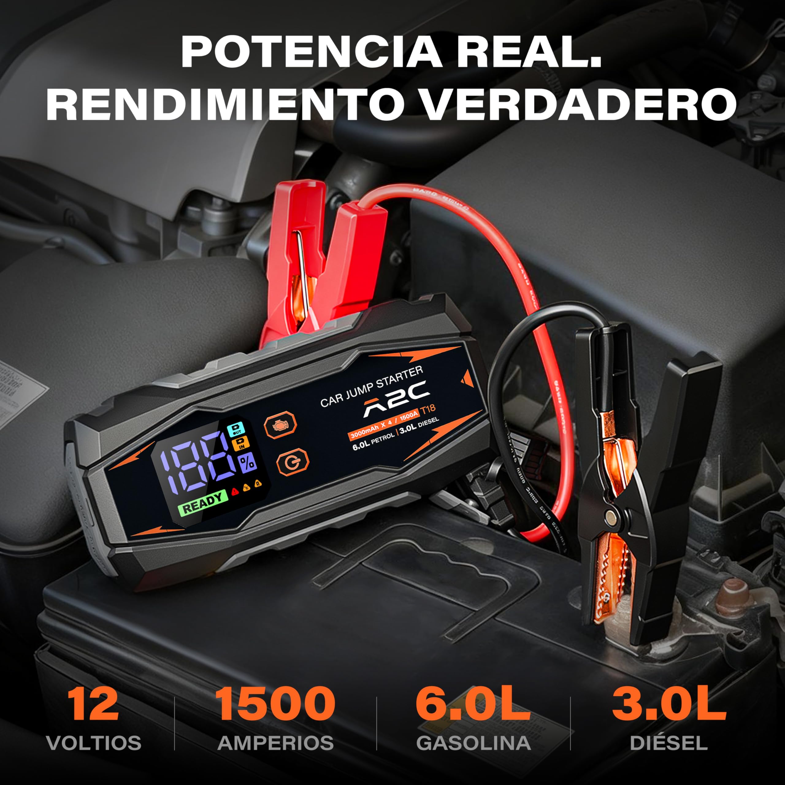 A2C Arrancador Coche 1500A, Power Bank 16800mAh para Gasolina 6L/Diésel 3L | 12V, 3 puertos USB-C, carga rápida QC 3.0, pantalla LED, pinzas de seguridad inteligentes, incluye estuche, diseño compacto