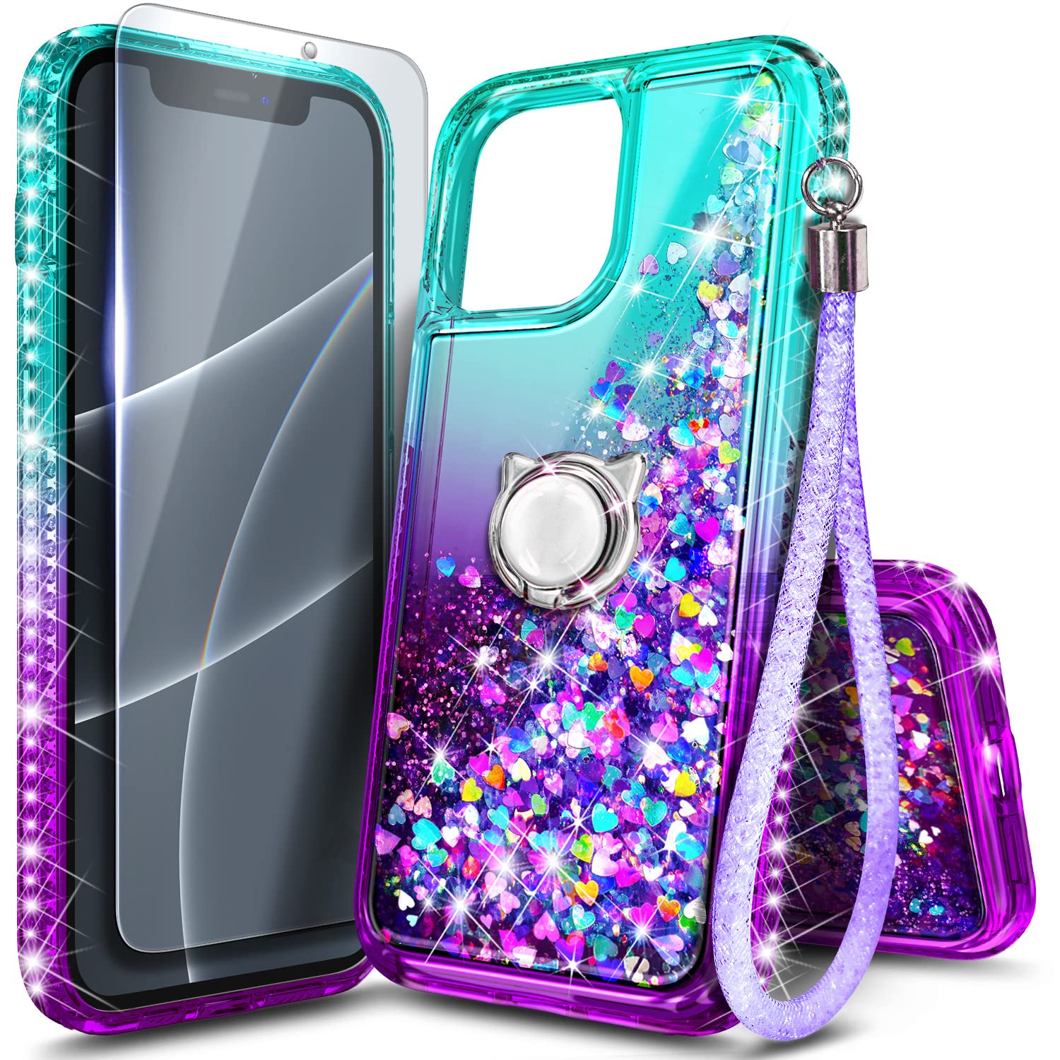 NGB Designed for iPhone 15 Pro Max Case, Cute Liquid Glitter, Aqua/Purple