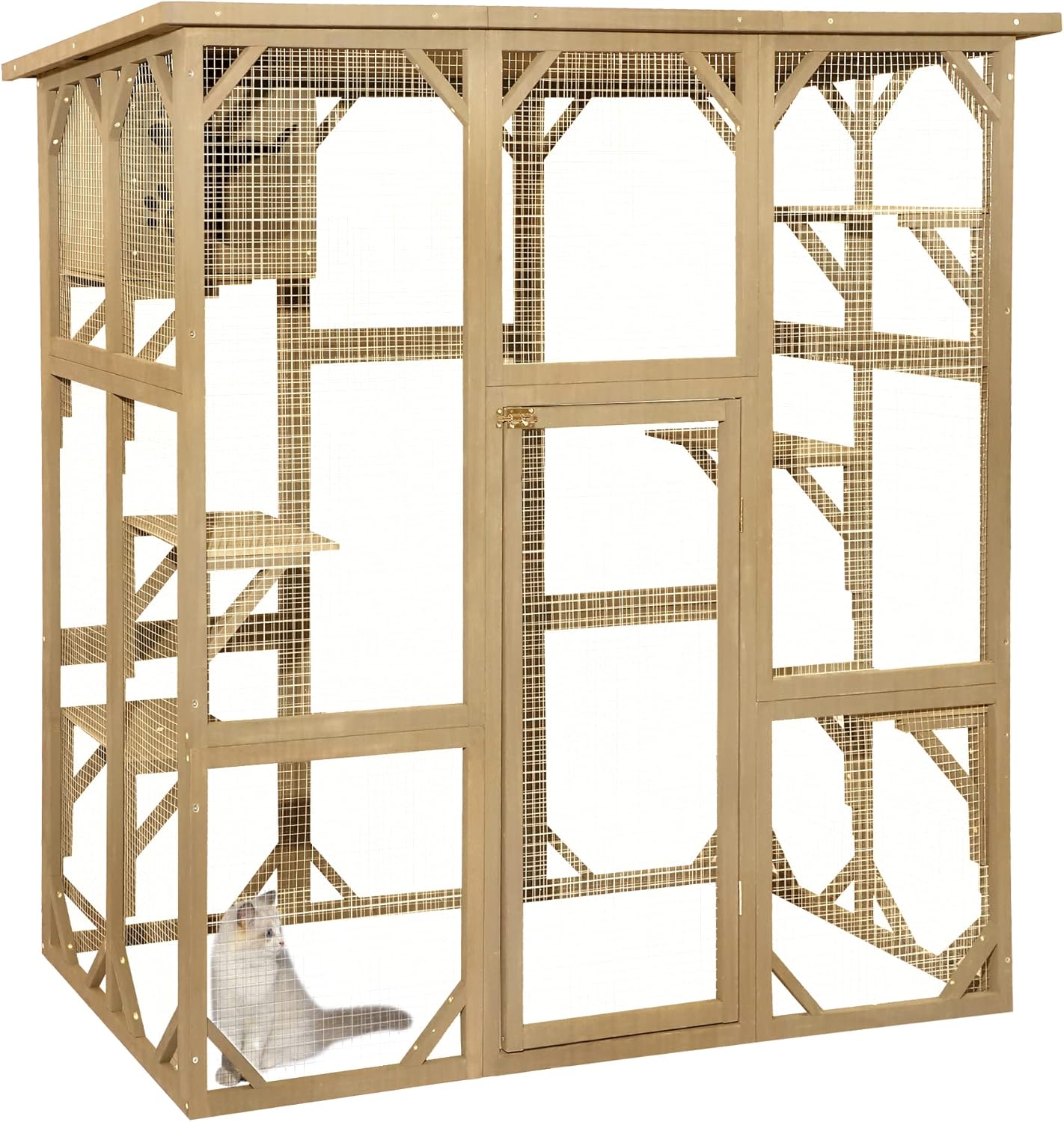 TITIMO Wooden Catio Outdoor Cat Enclosure, Large Wooden Outdoor Cat House with Small House, Cat Cage with 6 Platforms and Weather Protection (Nature Wood)