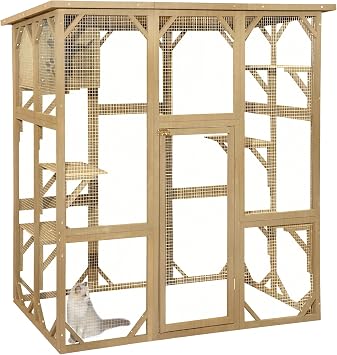 TITIMO Wooden Catio Outdoor Cat Enclosure, Large Wooden Outdoor Cat House with Small House, Cat Cage with 6 Platforms and Weather Protection Nature Wood