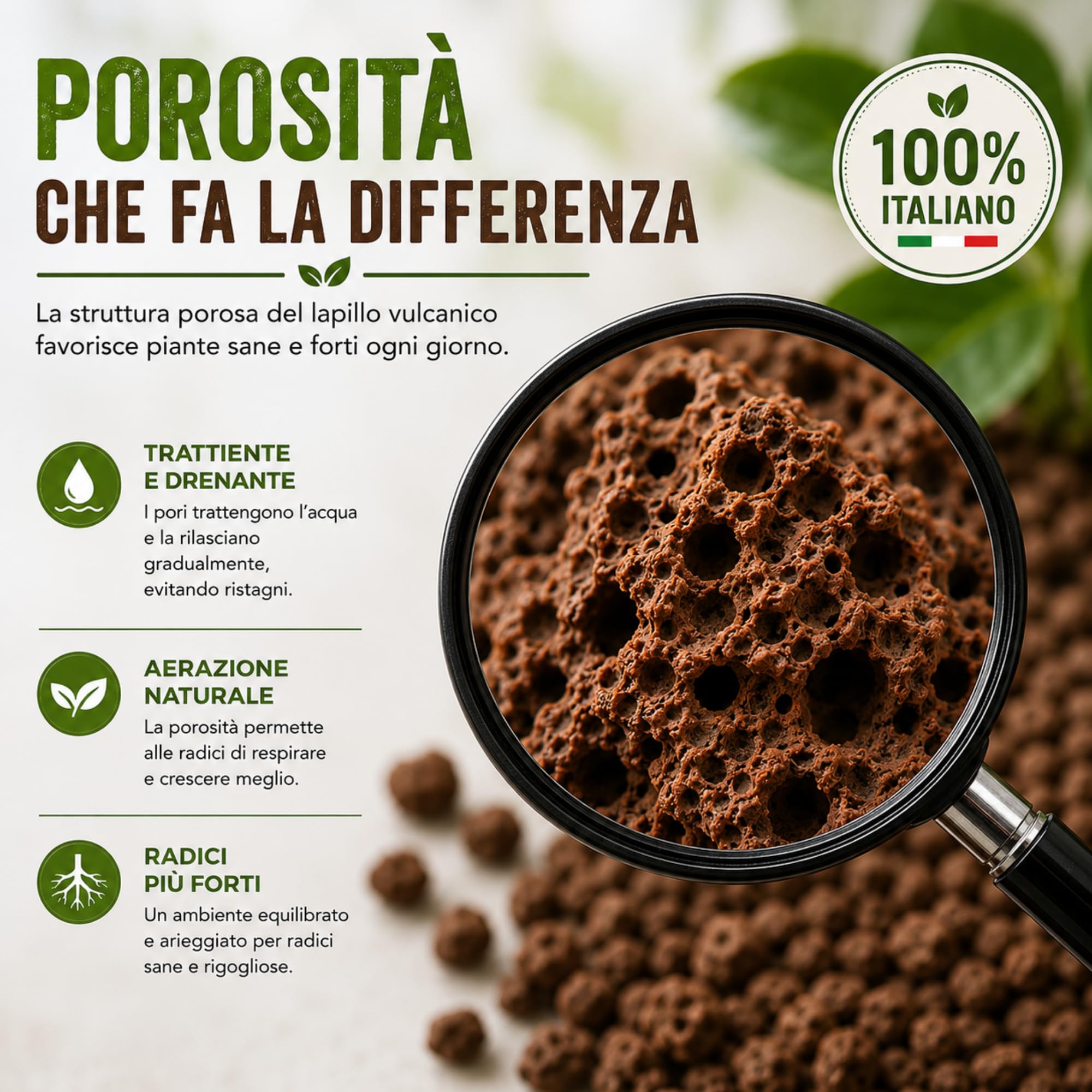 CLOROPHILLA Vulkanischer Lapillo für Pflanzen, 3/5 mm, verbessert Drainage und Zusammensetzung des Substrats, ideal für Bonsai, Sukkulenten und Garten – Made in Italy (50 Liter)