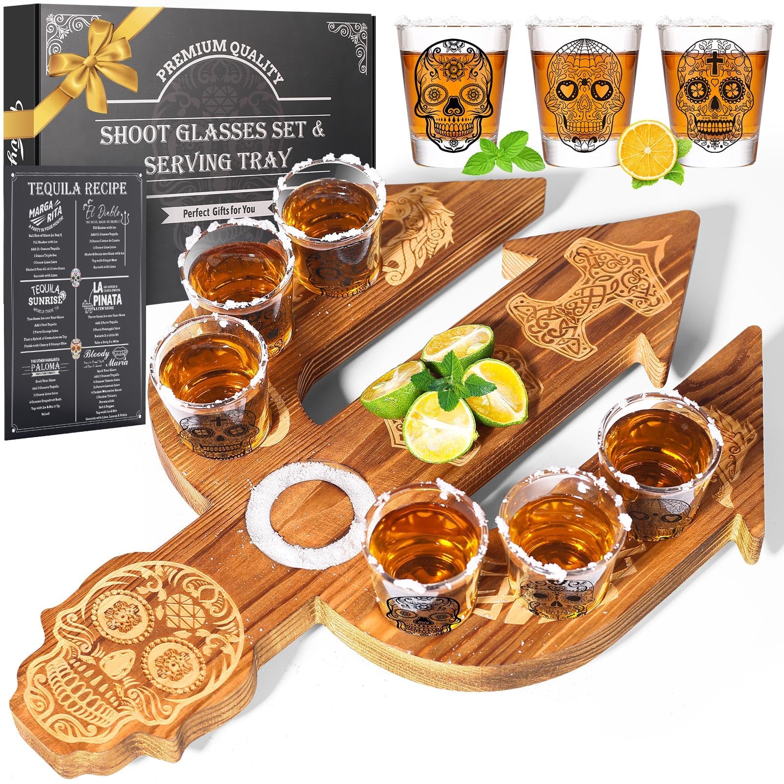 Trident Tequila Shot Board Gifts W/6 Skull Glasses, Wooden Shot Glass Serving Tray with Salt Rim, Liquor Glass Holder Bar Display & Storage, Gift for Tequila Lovers, Men, Women