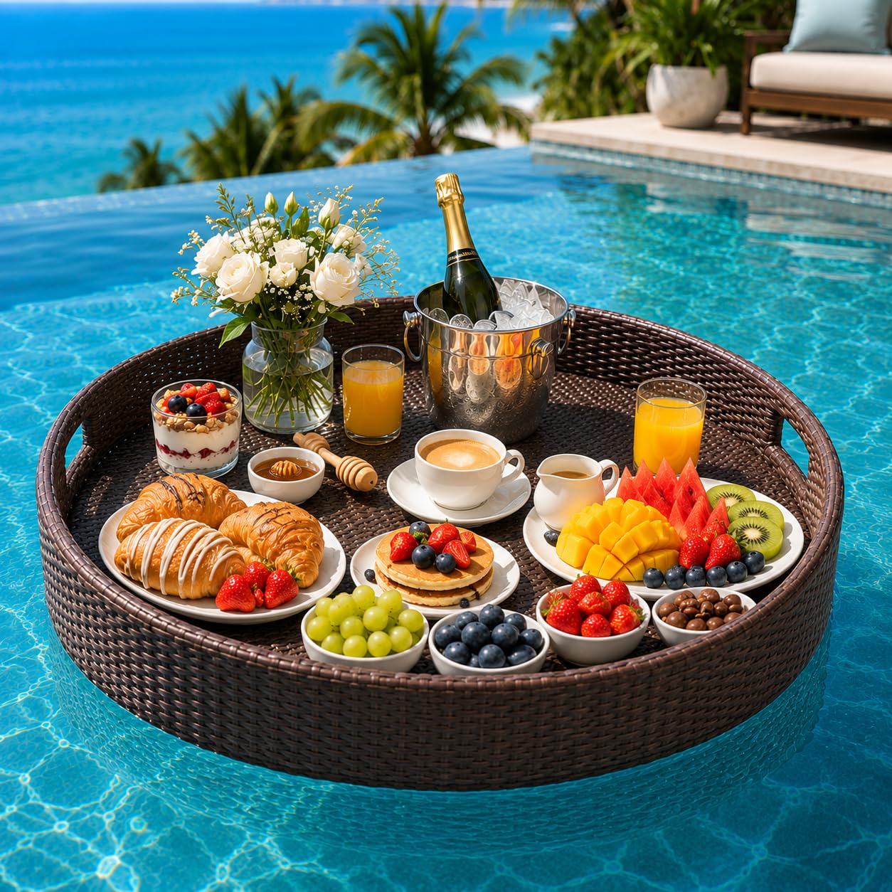 Vassoio Galleggiante Piscina, Tavolino in Rattan per Aperitivo | Vassoio galleggiante in rattan per drink e snack. Perfetto per feste in piscina e spa(Coffee,23.6"x23.6"x7.9")