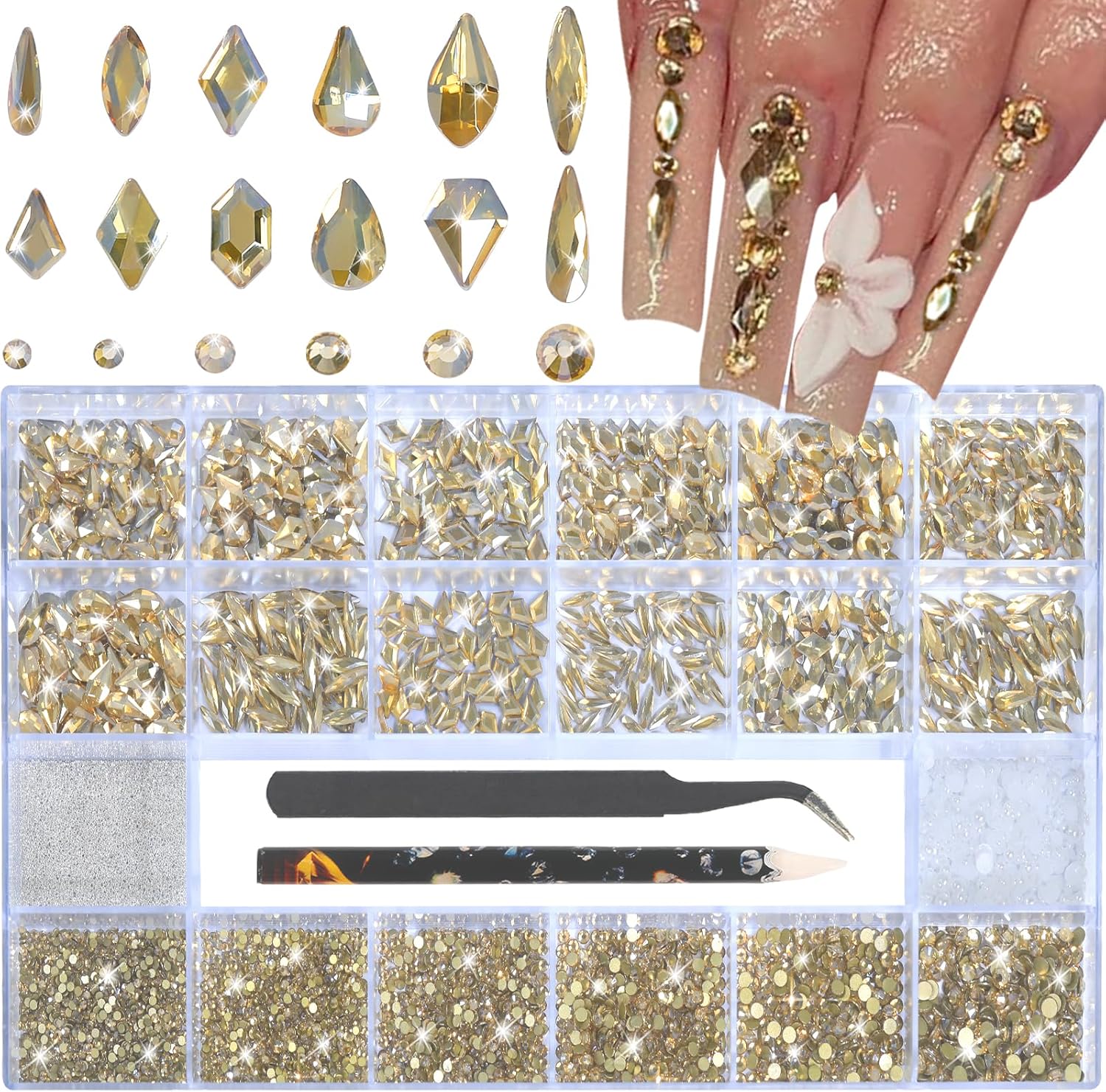 Nail Art Rhinestones - 12 Types of 600 Crystal Champagne Gold Diamonds, 3D Flatback DIY Pearls, Gems, Beads, Flat Back Stones Set, with Kit, for Nail Art Decor
