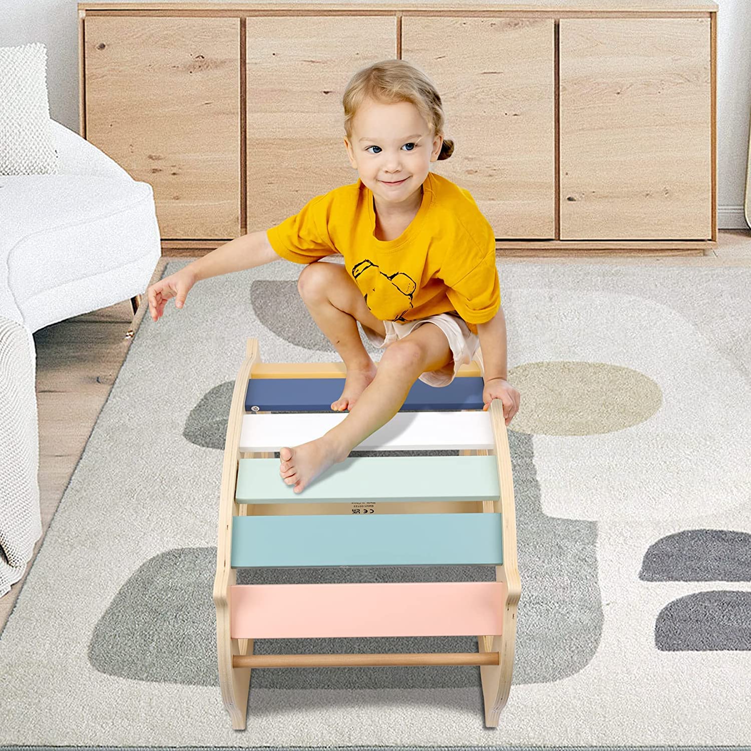 Labebe Montessori Kletterbogen，Spezielles Makrone Kletterdreieck für Kinder，2 in 1 Klettergerüst & Schaukelpferd holz indoor ab 1 jahr