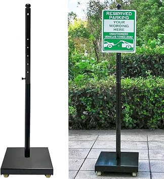 Portable Sign Post with Wheels, 14" Dia Iron Square Base, 60" Tall, Heavy Duty Pedestal Post Holder for No Parking Street, Handicap Parking, etc. With Base, Bolts and Nuts, Black