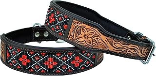 Affilare Leather Dog Collar Western Style Heavy Duty Hand Tooled Adjustable Beaded and Padded Soft for Puppies Big Dogs 10AB005 Medium (Middle Notch at 19')