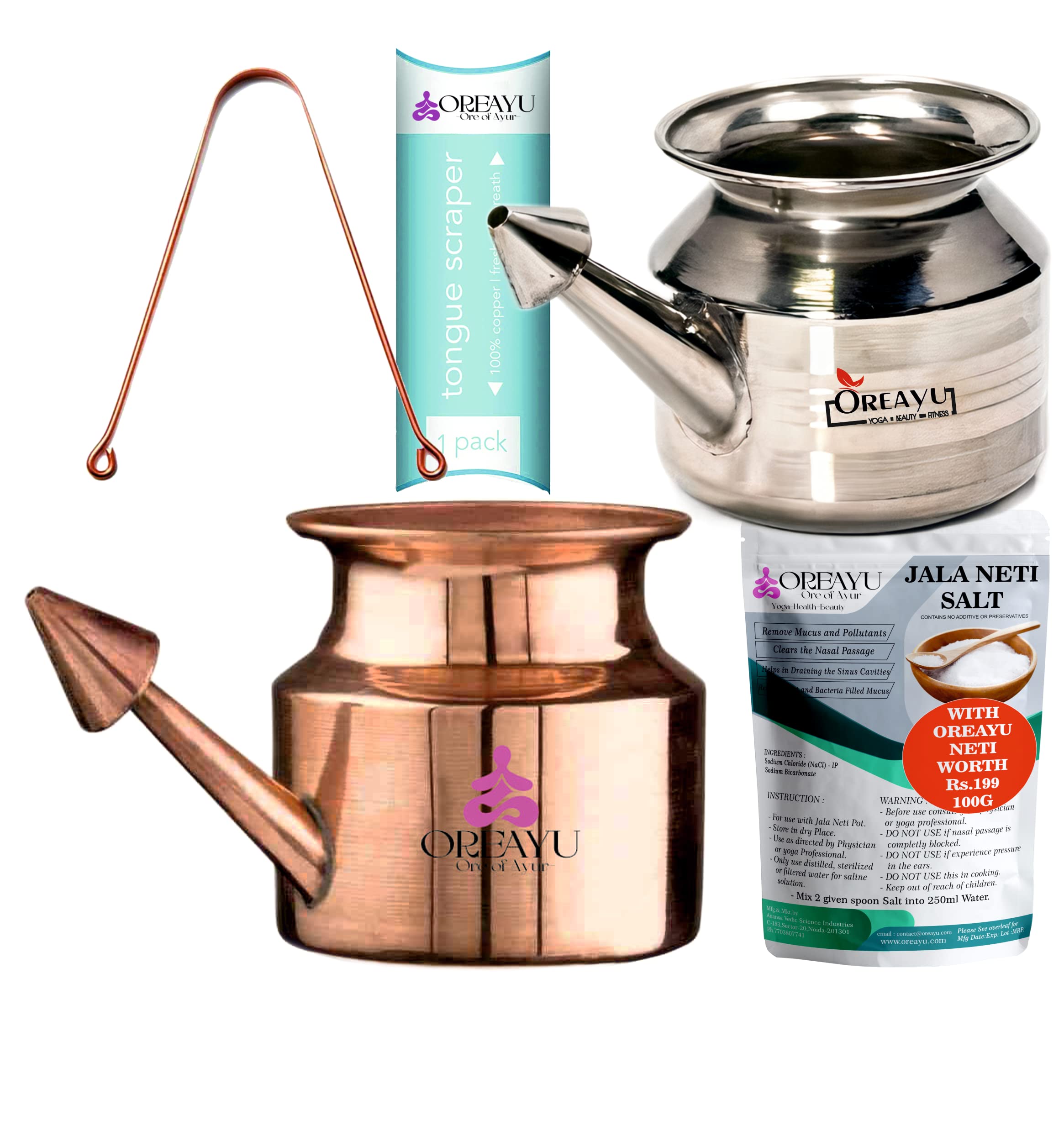 2 Pcs Copper and Steel Yoga and Ayurveda Jala Neti Pot for Sinus, Nose Irrigation and Cleaning (Copper-250 ml) (Steel-600 ml) (Combo Pack)