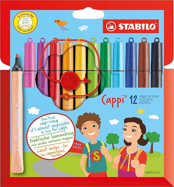 Felt Tip Pen - STABILO Cappi - Wallet of 12 - Assorted Colours + 1 cap-ring