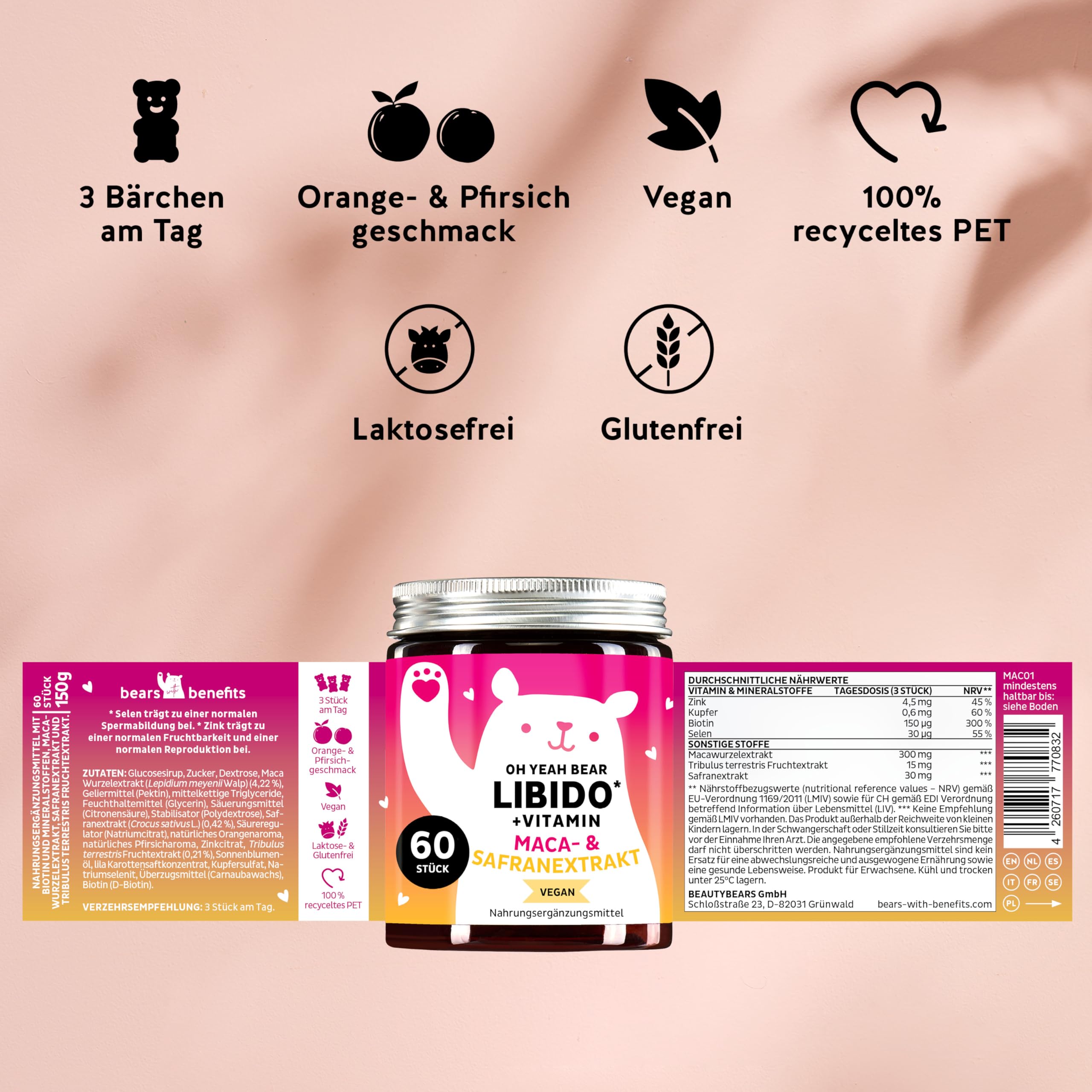 Maca-Komplex – mit 300 mg hochdosiertem Maca-Extrakt, Biotin, Zink, Kupfer und Selen – sowie Safranextrakt und Tribulus-Terrestris-Fruchtextrakt – 60 Stück – Vegan – Bears with Benefits